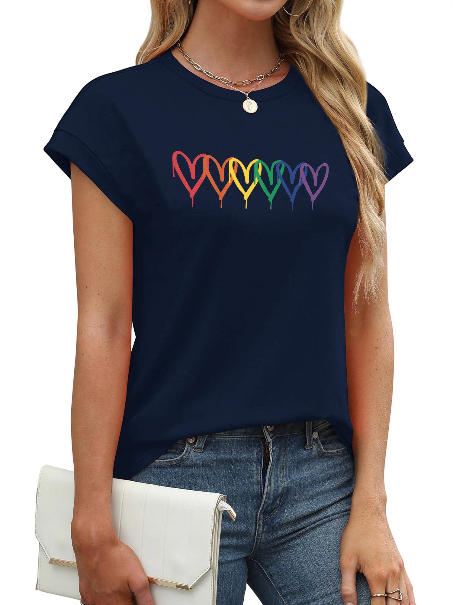 PYLIKE Kurzarmshirt Damen Casual Achselhemd mit Liebe Druck bequemes Rundhalsshirt Modische Outfits Business Strand Urlaub Blusen Kleidung