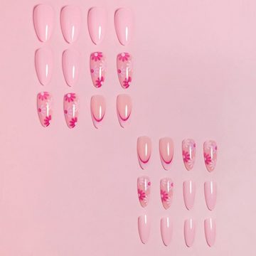 AUKUU Kunstfingernägel Süße Süße Blumen-Mandel-Nagellinie tragbarer Nagelstil süßes, Lila einfache Maniküre künstliche Nägel