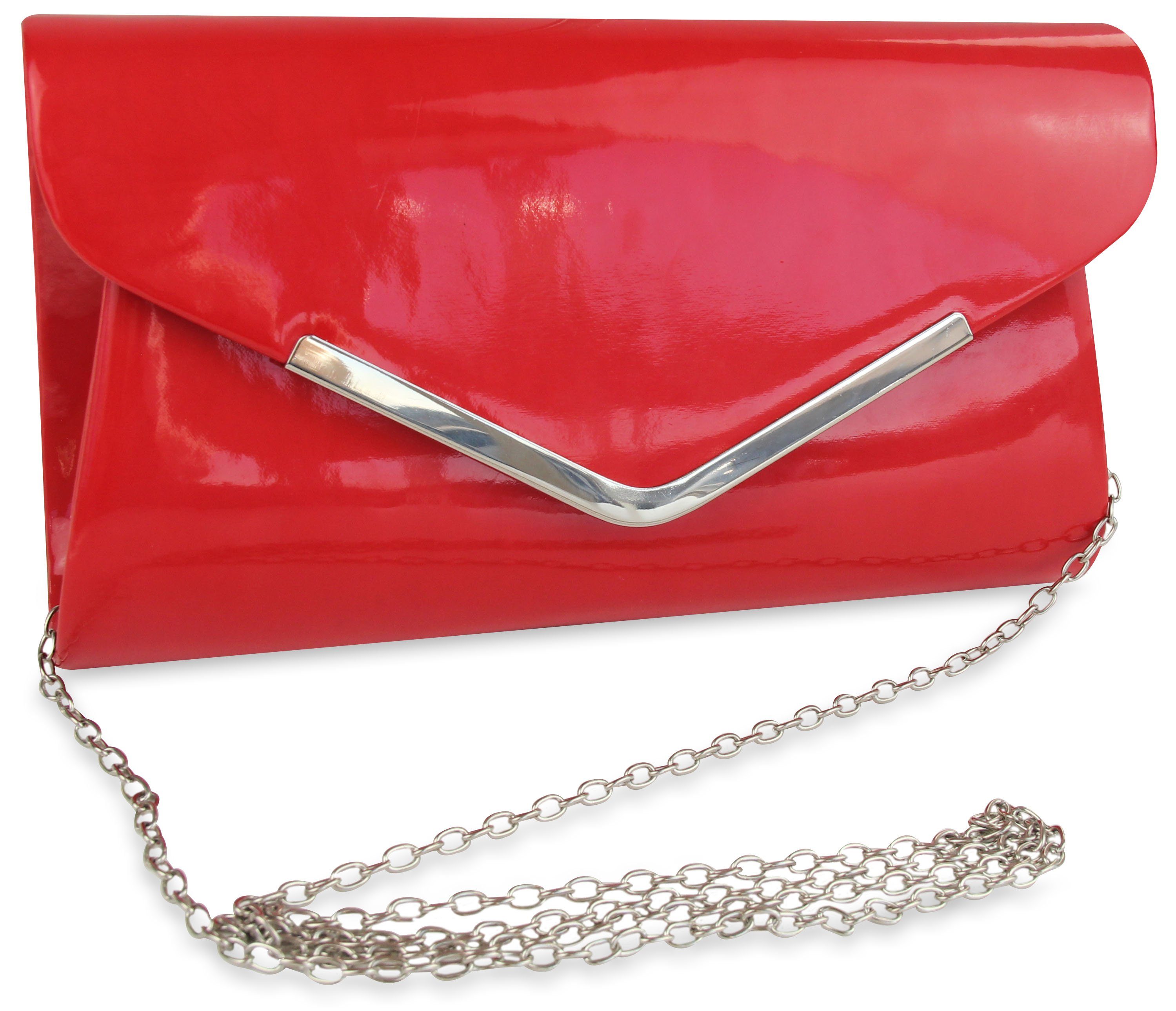 Frentree Clutch Abendtasche Damen in Lack-Optik, Eleganz in Rot mit silbernen Details und abnehmbarem Kettchen