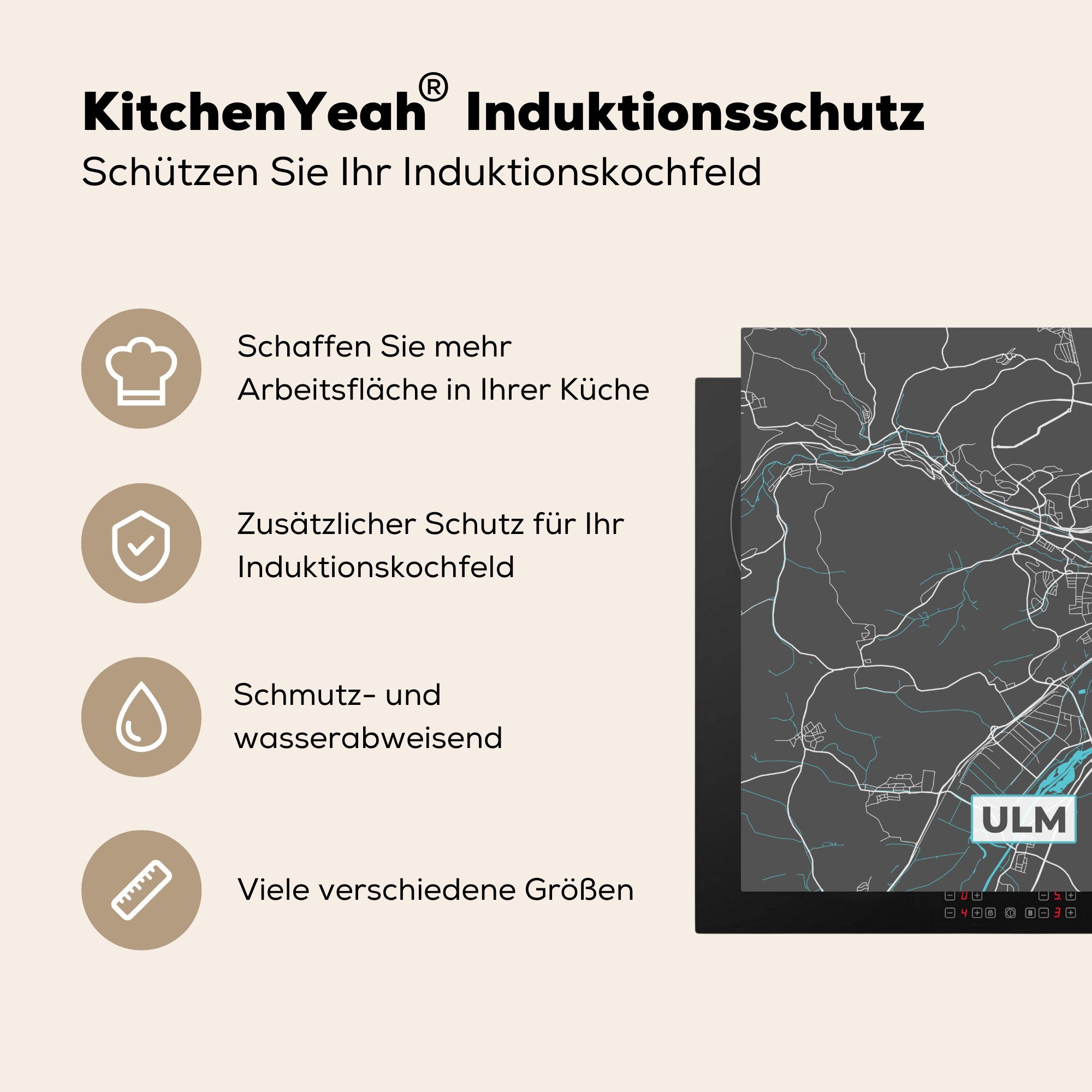 MuchoWow Deutschland Arbeitsplatte Herdblende-/Abdeckplatte Karte, Ulm Vinyl, cm, (1 - küche 78x78 Ceranfeldabdeckung, - - Blau Stadtplan - tlg), für