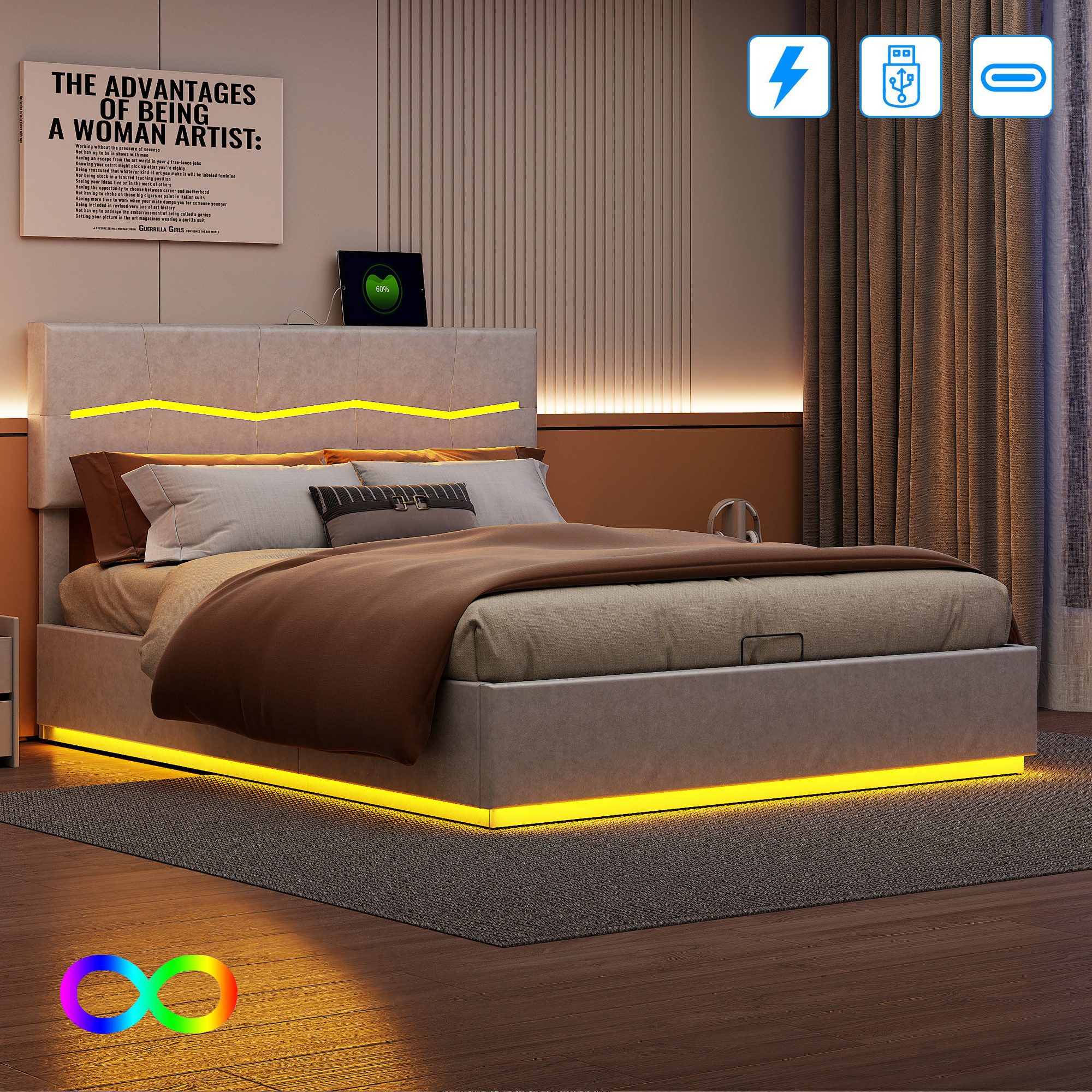 PXloue Polsterbett LED Doppelbett Jugendbett (USB- günstig online kaufen