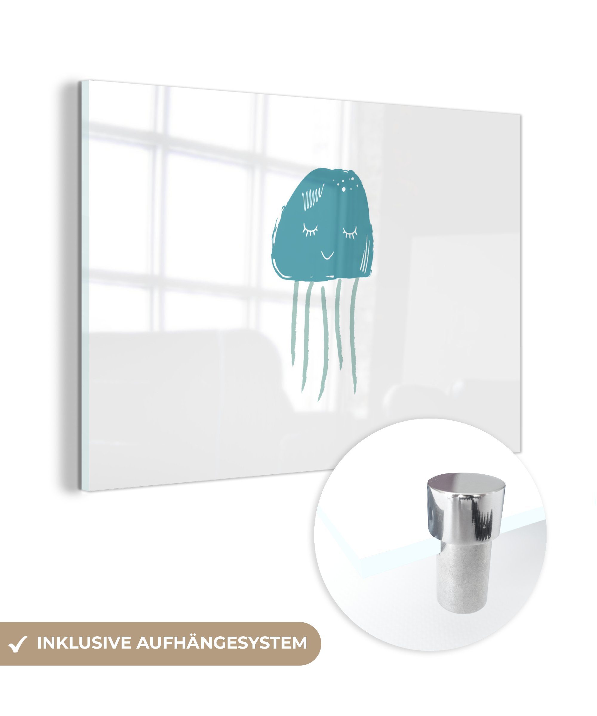 Wohnzimmer Blau & - (1 Aquarell, Meer Schlafzimmer Acrylglasbilder St), - Acrylglasbild MuchoWow Qualle -