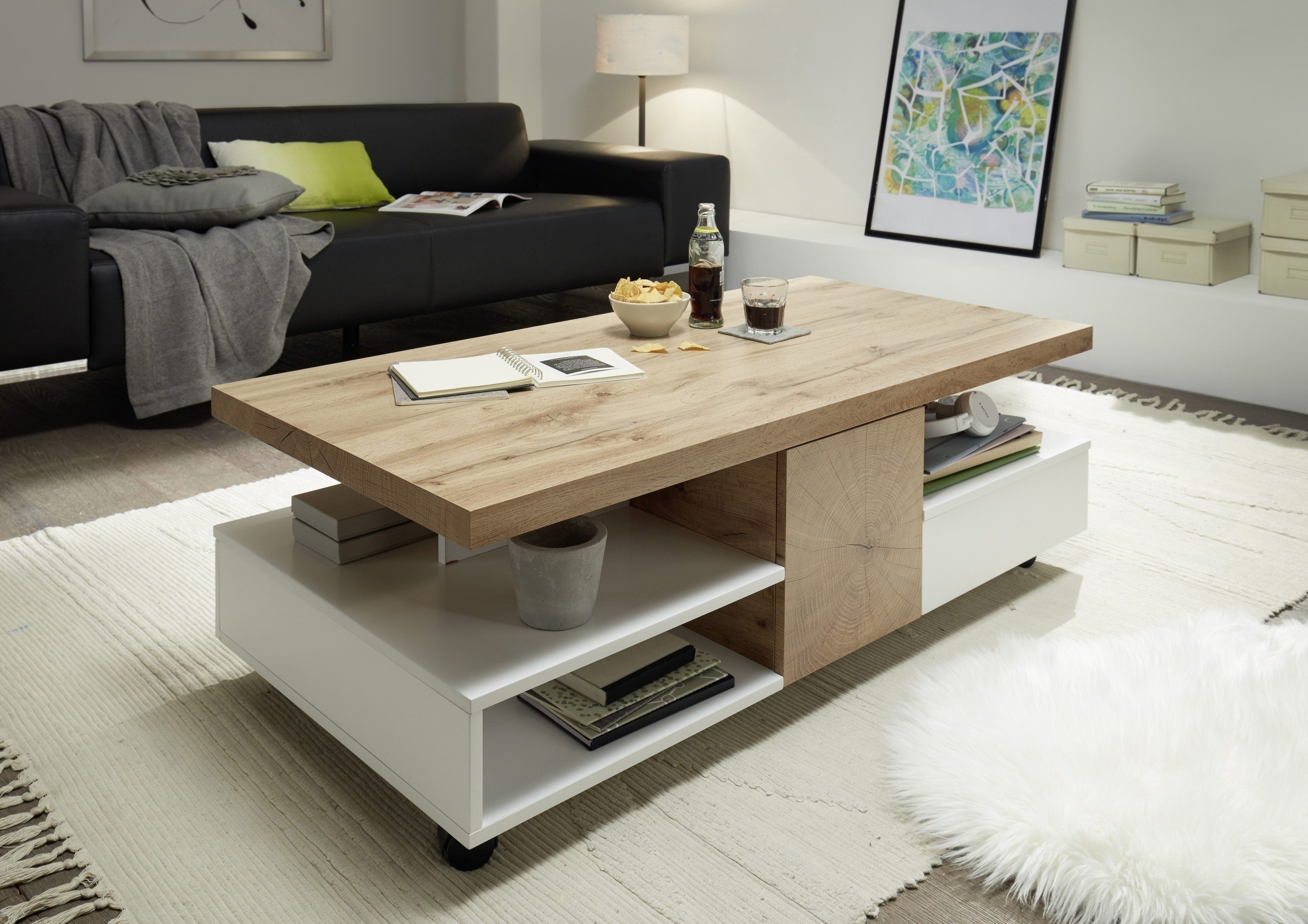 freiraum Couchtisch RENNES, mit Fach+Schub, MDF weiss / Dekor Eiche - 120x40x60 (BxHxT)