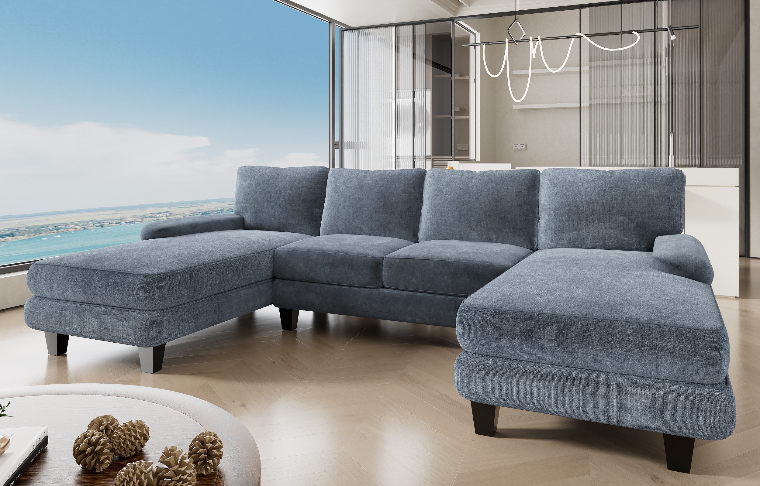 GUNJI Ecksofa Großes U-förmiges Sofas hoch belastbar mit 4 Kissen 292cm*138cm*86cm, Schnelle Montage von großen Sofas in 20 Minuten