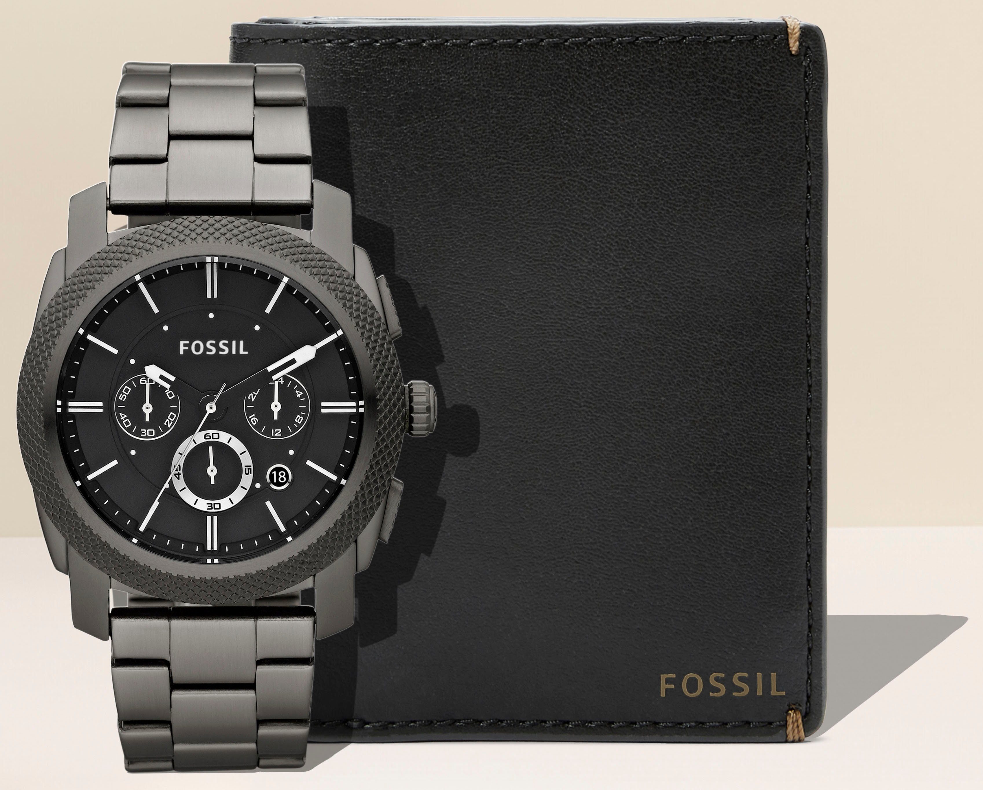 Chronograph ideal Fossil mit anthrazit), Geschenk 2-tlg., Exklusiv-Set, MACHINE, Leder-Kartenmäppchen in (Set, als FS4662, auch