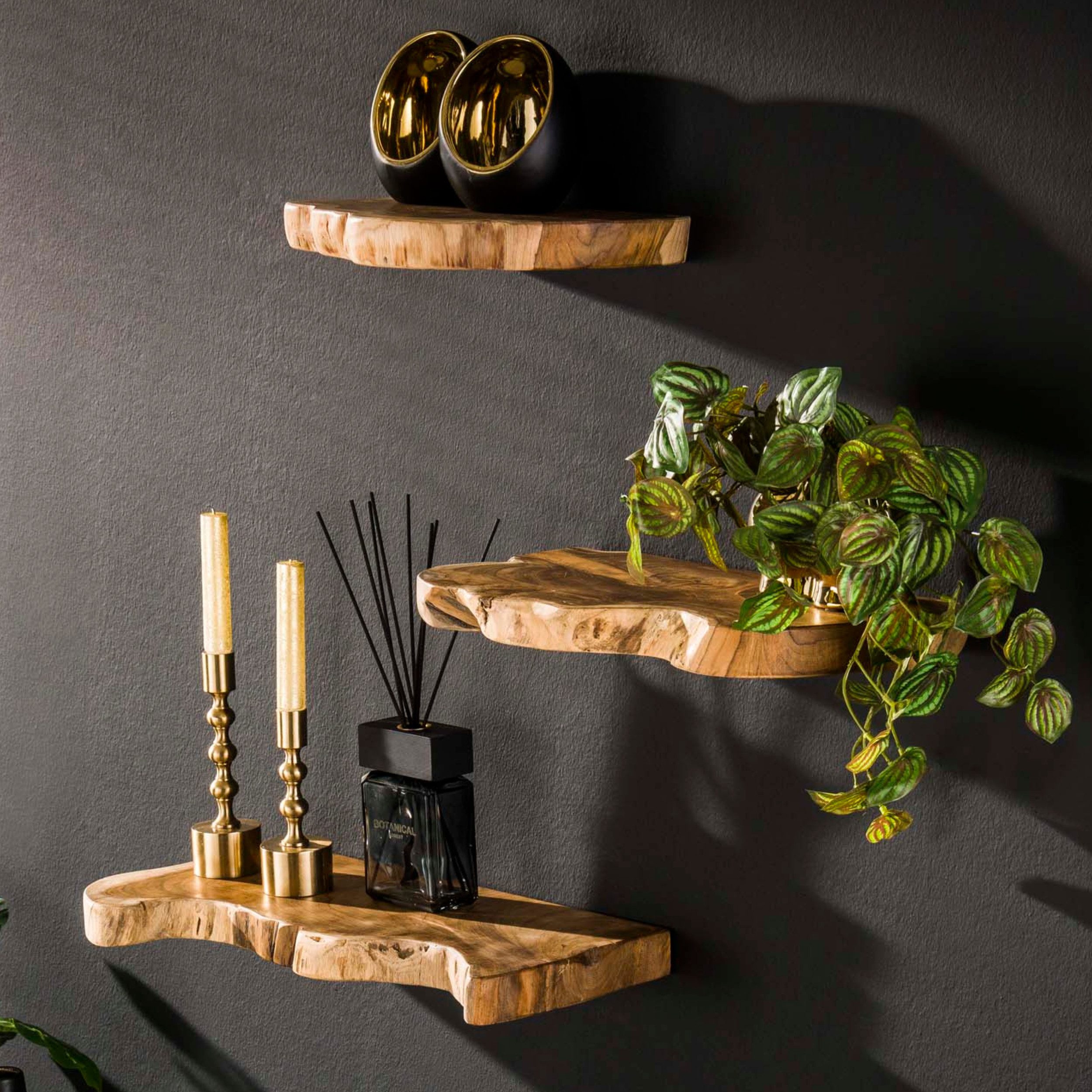 alesvelt Wandregal Set NATURAL LINE 3 schwebende Massivholz-Regale mit echter Baumkante, 35x25x4cm, 45x25x4cm, 55x25x4cm, Teakholz