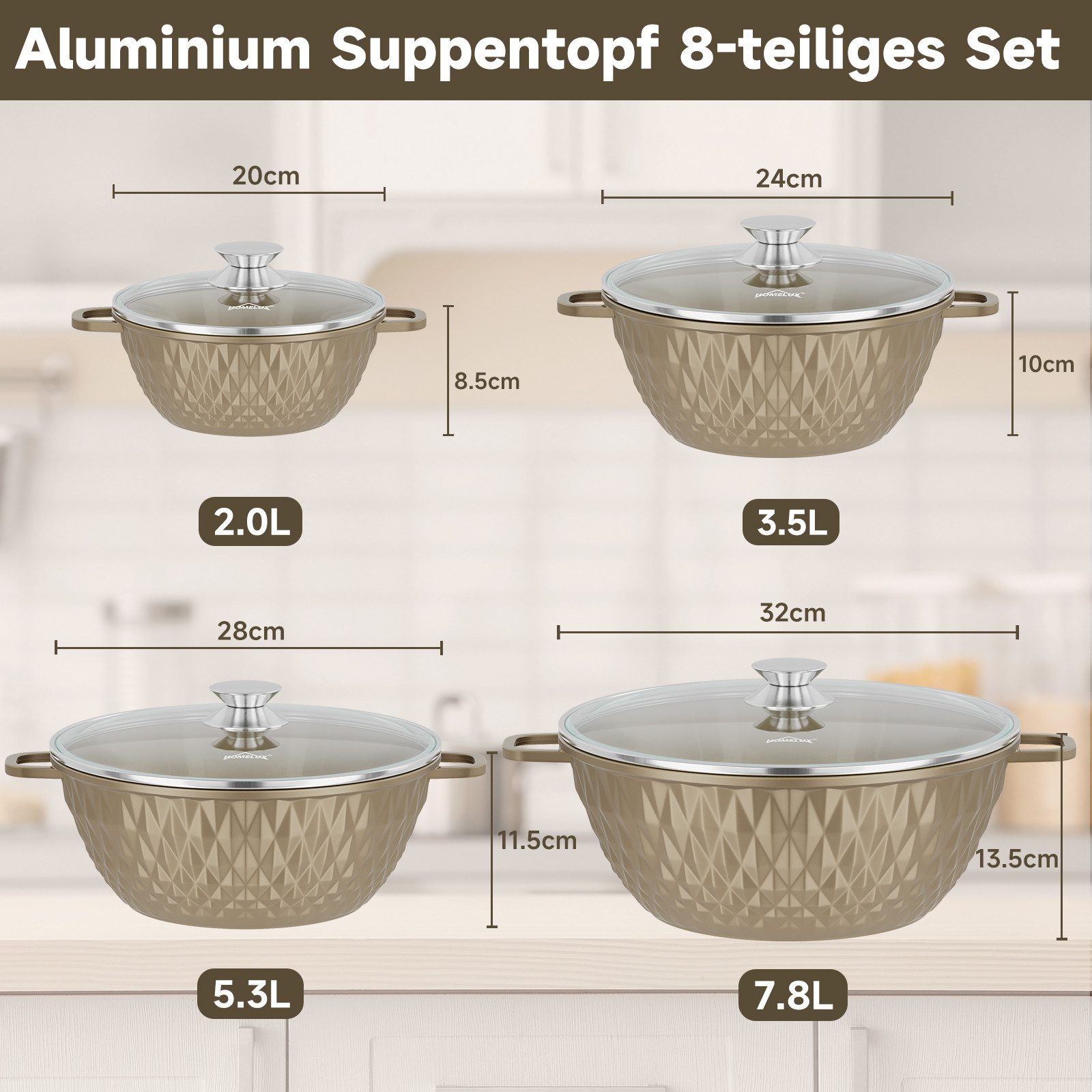 HOMELUX Topf-Set 8-tlg Kochtopf Set Induktions 20/24/28/32cm Töpfe Set mit Deckel, Aluminium (Kochtöpfe Induktions für Alle Herdarten), Induktion, Antihaft-beschichtung