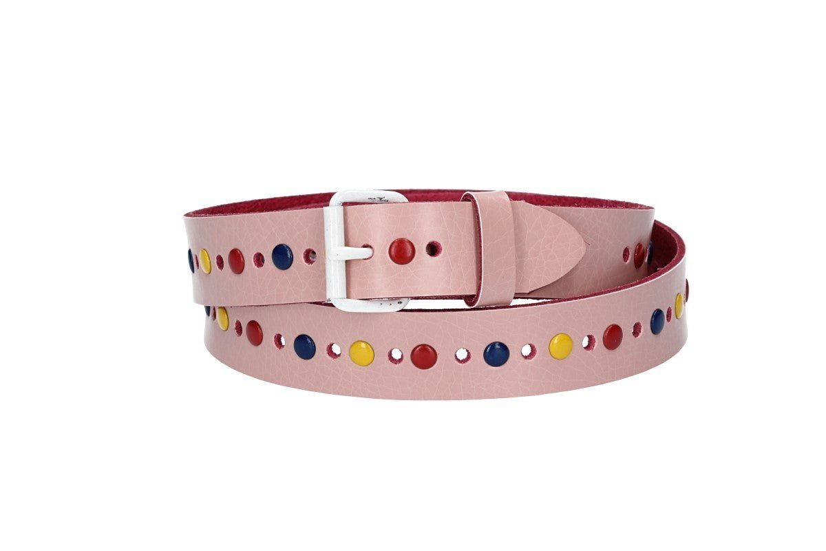 kiddybelts Ledergürtel Kids 25mm in Hellrosé Lochung, bunten Nieten und weißer Rollschließe (KB12-320, 1-St) sehr weiches Vollrindleder