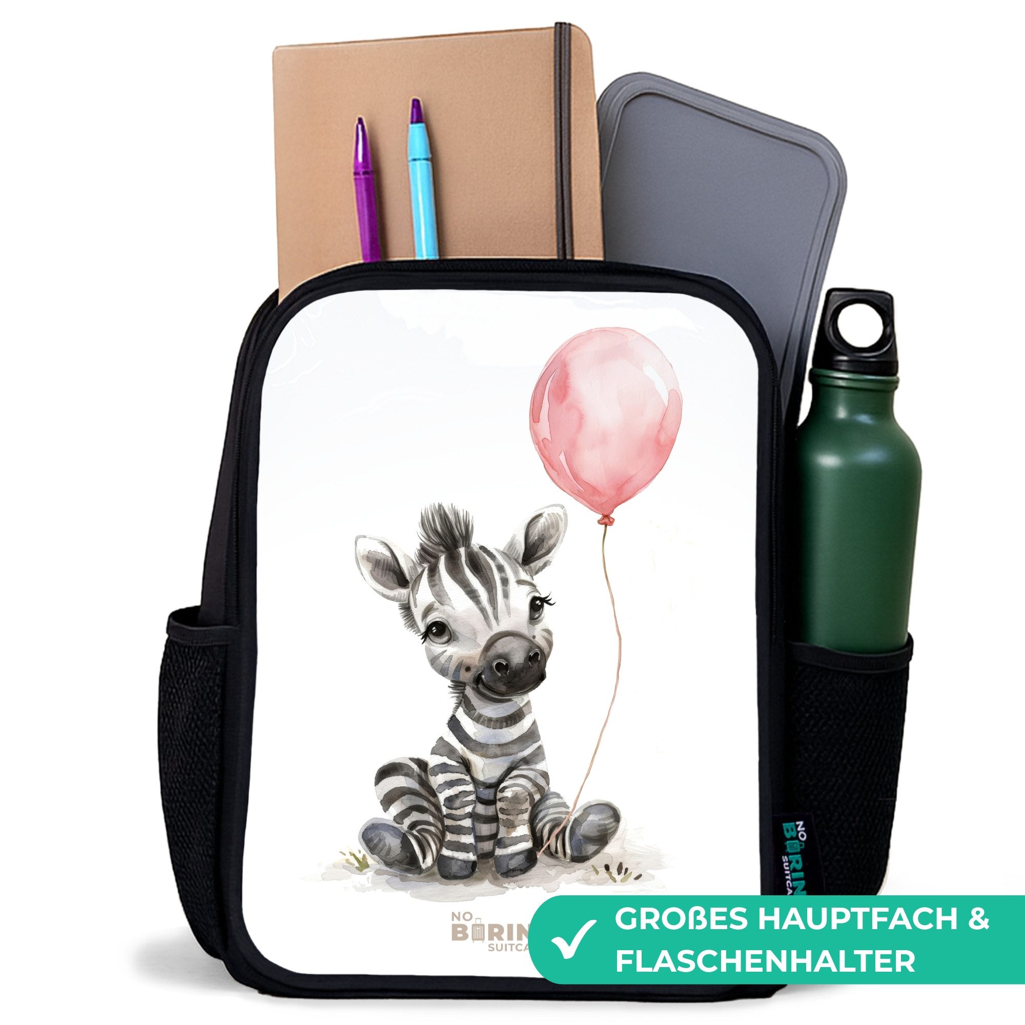 NoBoringSuitcases.com© Rucksack Zebra mit rosa Luftballon, Kinderrucksack Schwarz, Schulrucksack, Freizeitrucksack Jungen Mädchen
