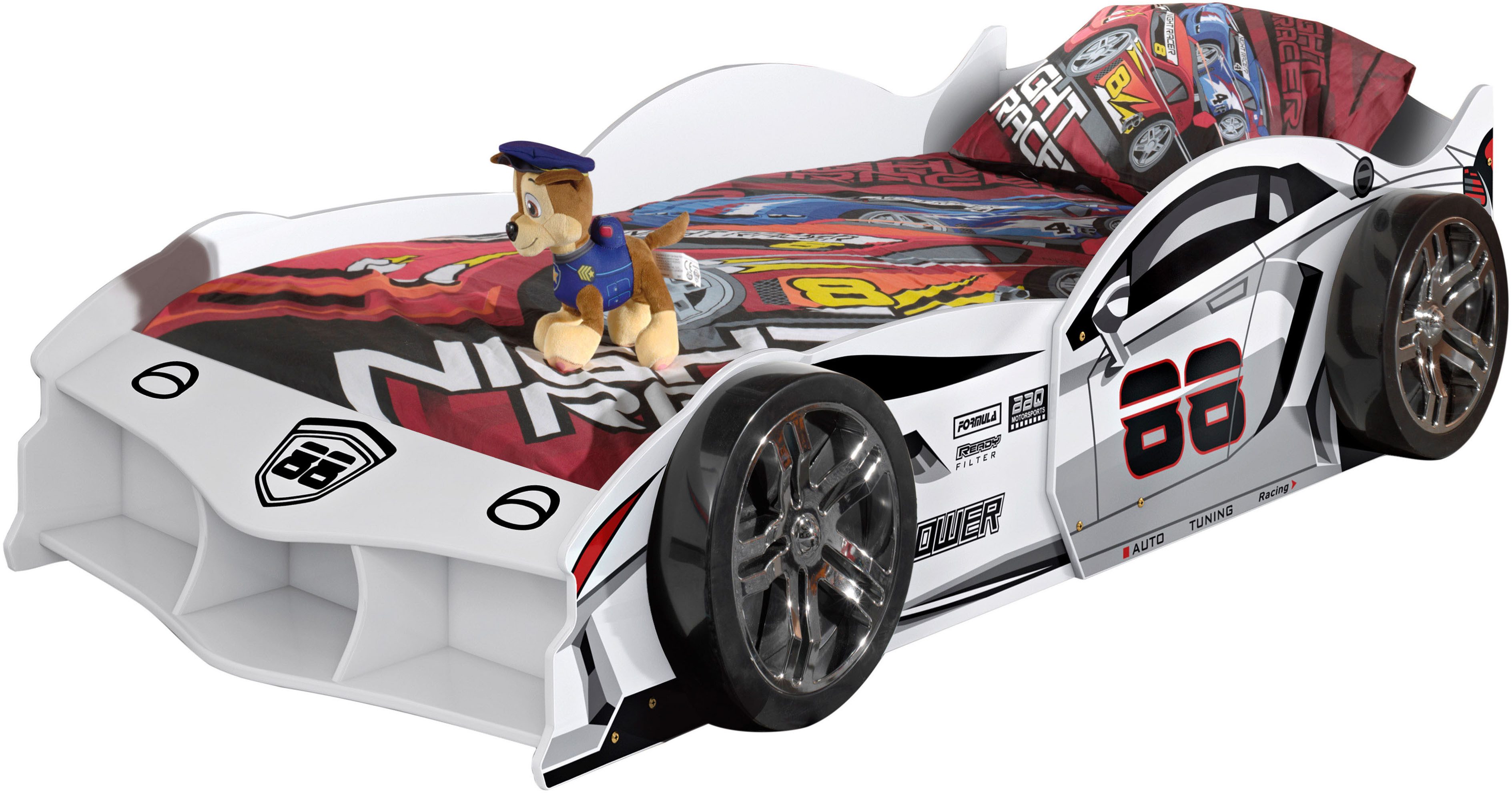 Vipack Autobett Max 90/200 cm, im Rennwagen-Design, die Show im Kinderzimmer (B/H/T ca.: 229x58x114 cm mit Lattenrost und breiten Rädern), tolle Felgen-Optik, glänzend lackiert in 2 Farben erhältlich