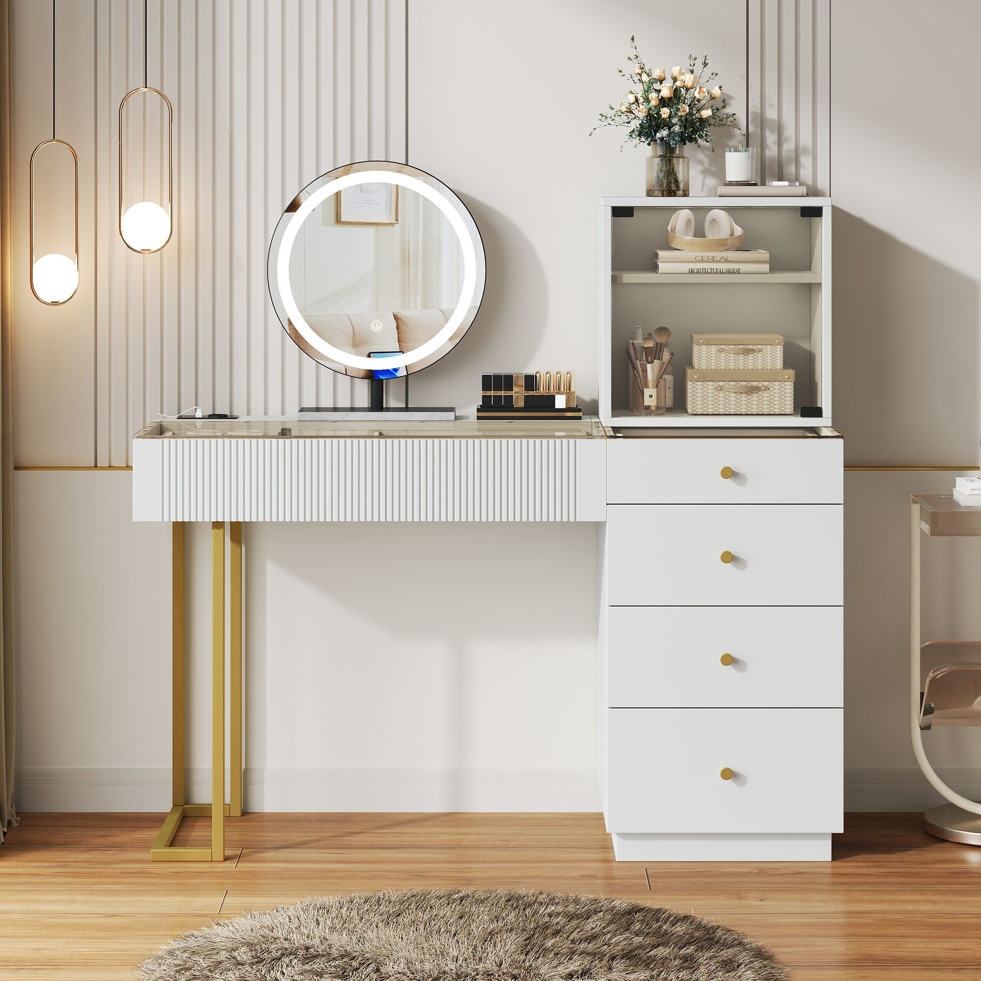 i@home Schminktisch mit LED-Beleuchtungsspiegel (1 Schminktisch mit Spiegel), Glasplatte, 5 Schubladen und 1 Schrank; weiß, Maße: B120*T40*H120 cm