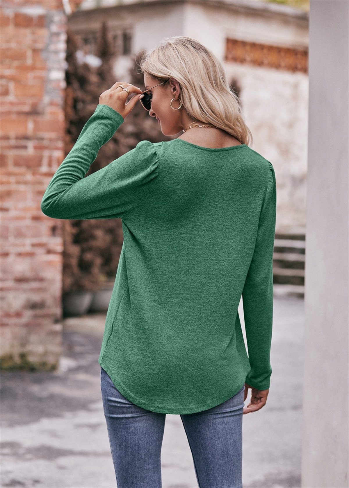Damen-T-Shirt quadratischem Ausschnitt Puffärmeln carefully Langärmliges und selected Langarmshirt Grün mit