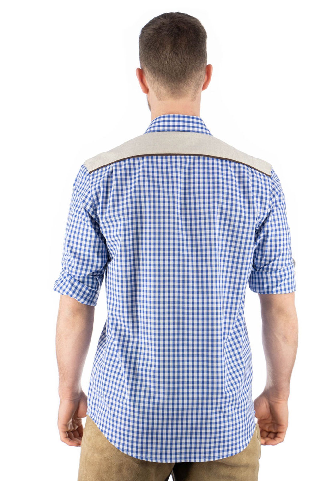 Paspeltasche, mit Draker der Trachtenhemd OS-Trachten auf Knopfleiste Edelweiß-Stickerei Langarmhemd mittelblau