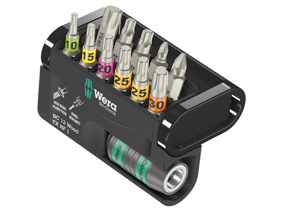 Wera Bit-Set Bit-Check 12 Wood TX HF 1, Set, 12-teilig, Farbkennzeichnung nach Größen, 1/4" Sechskant-Antrieb