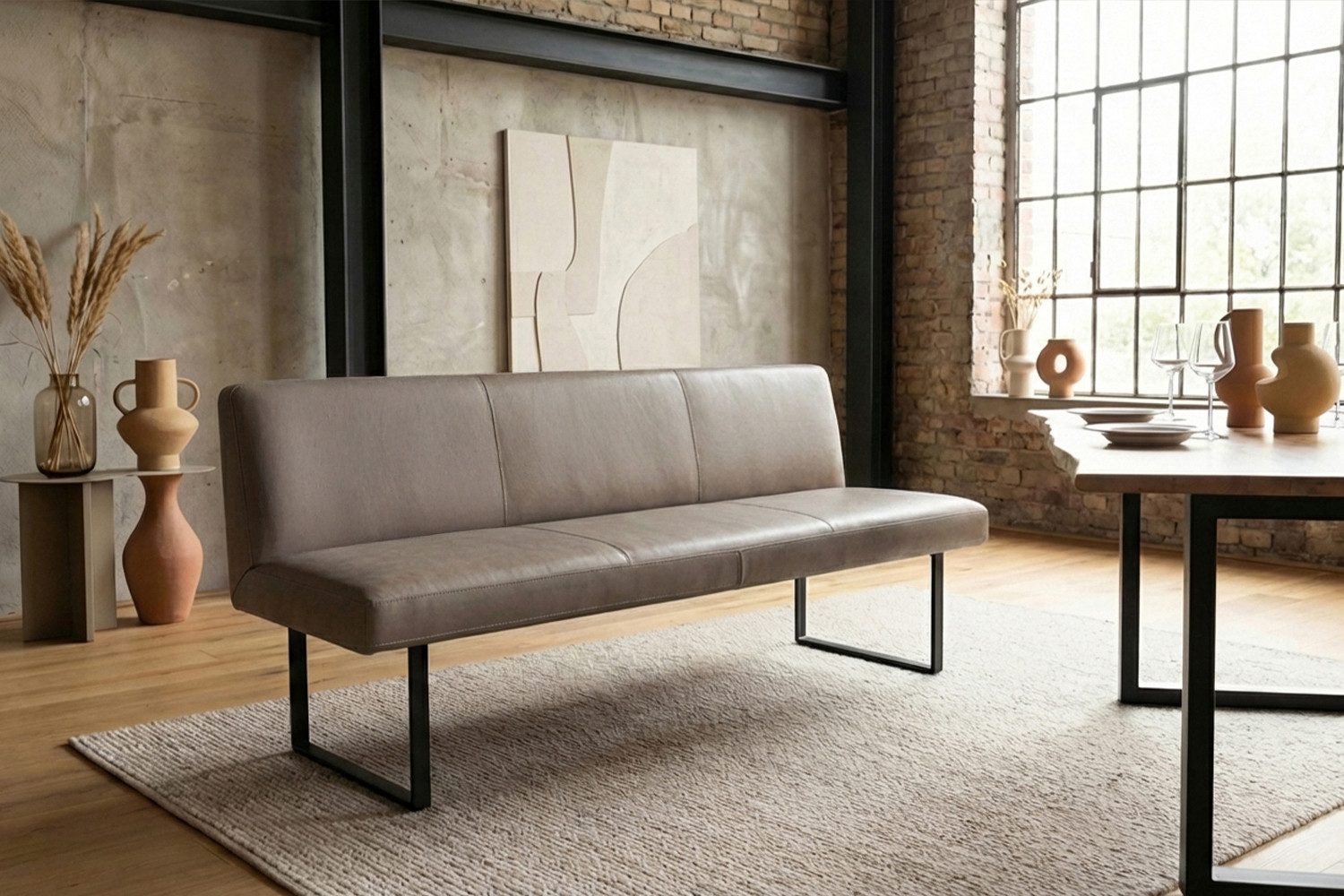 KAWOLA Sitzbank ELEEN Esszimmerbank Leder pigmentiert – modernes Design, 223 cm Breite, hoher Sitzkomfort, Metallgestell schwarz