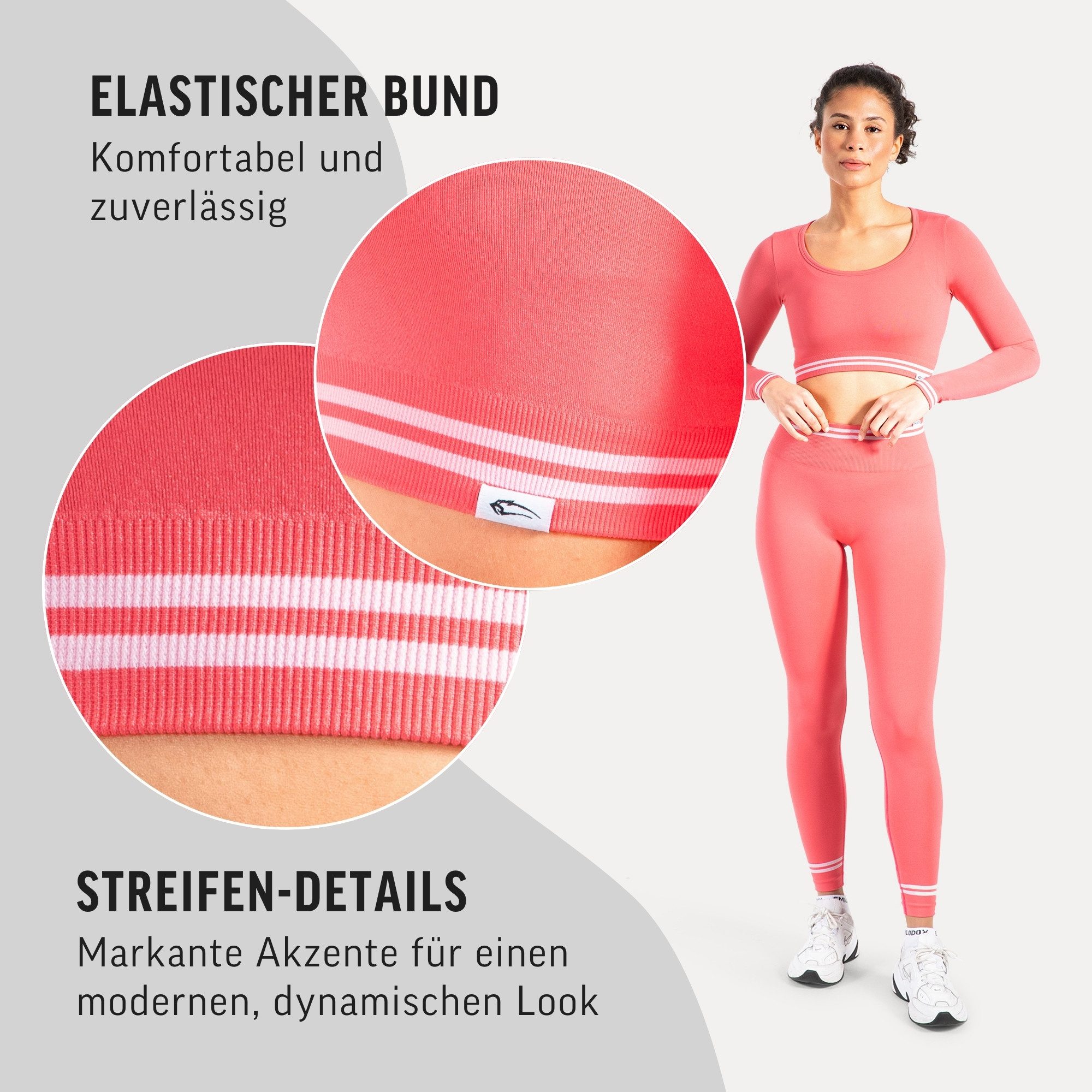 Smilodox Longsleeve Miriel, Oberteil figurbetonendes Crop Shirt Gym & Alltag Figurformend Elastisch Sicherer Halt mit Streifen an Bund und Ärmel