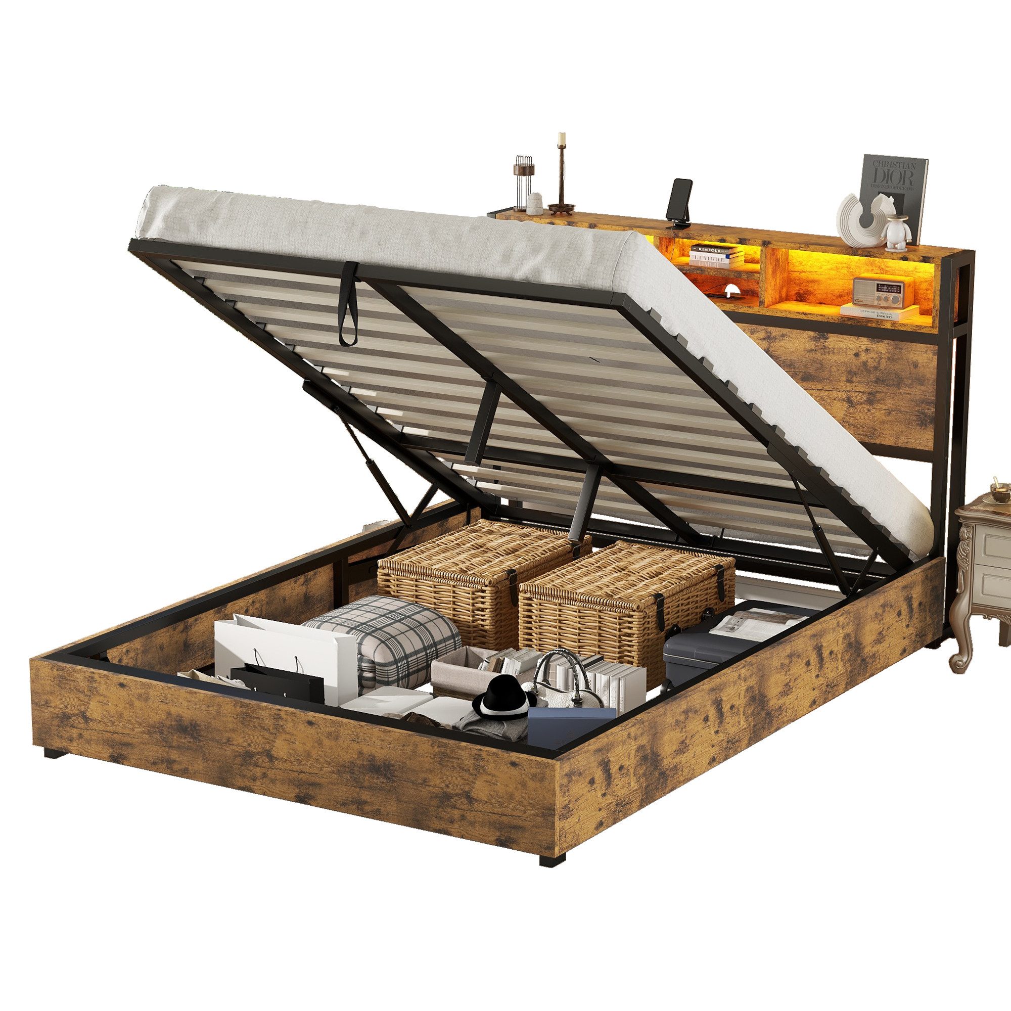 REDOM Stauraumbett Doppelbett Flachbett, hydraulischer Hebemechanismus günstig online kaufen