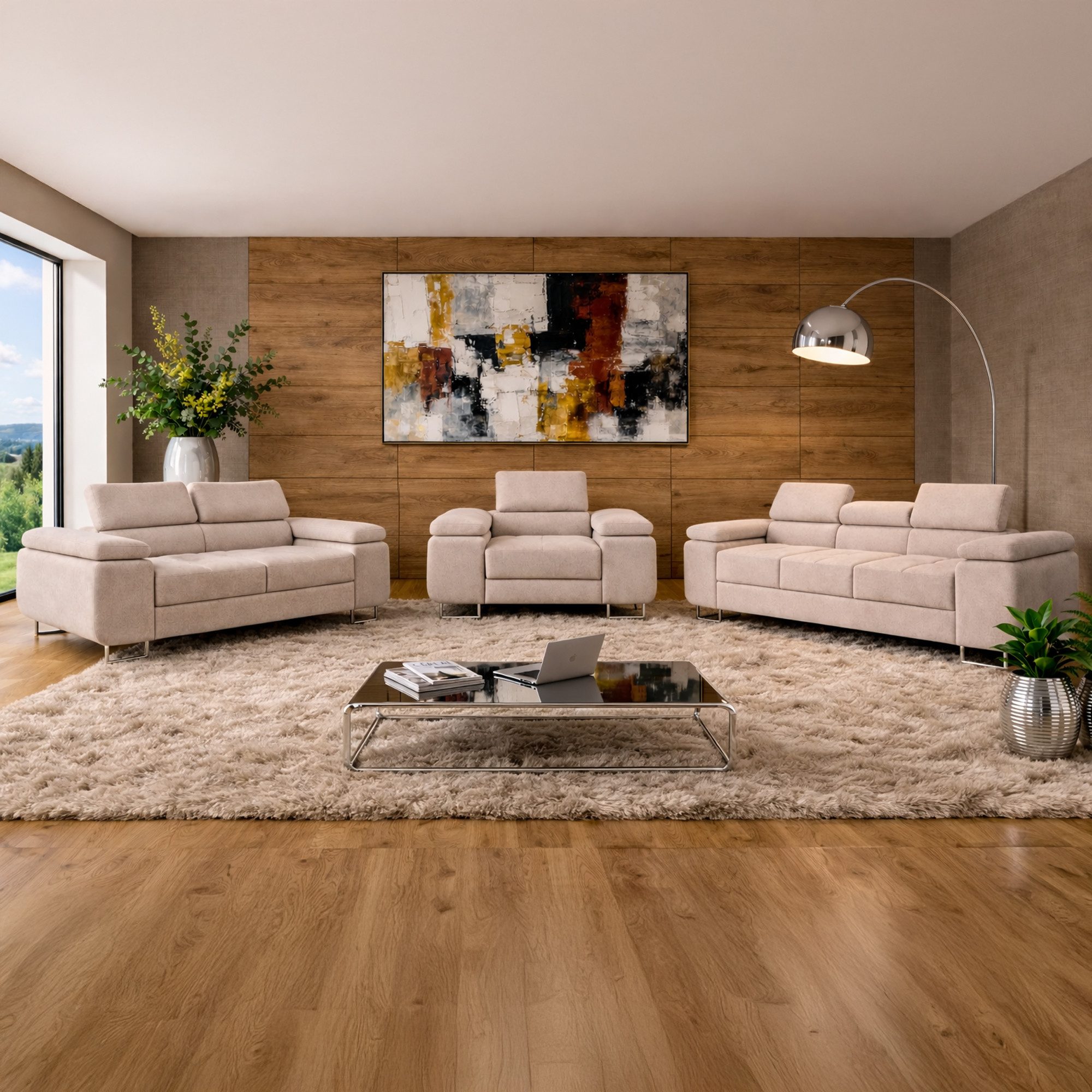 M-Punkt24 Polstergarnitur Sofa Wohnlandschaft DUBAI, (3-2-1, mit Bettfunktion, XL Sofa-Set, Bigsofa, Samt, Creme), Bestehend aus 3-Sitzer mit Bettfunktion, 2-Sitzer, Sessel