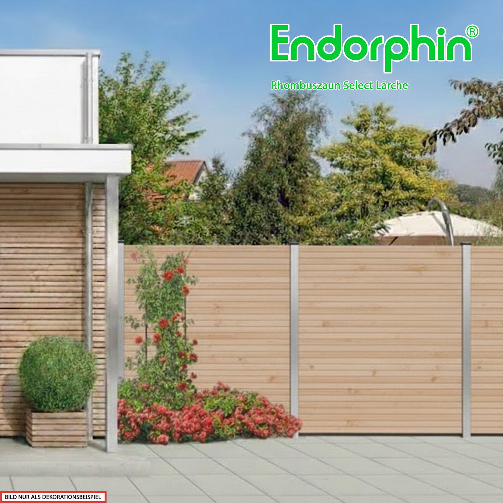 Endorphin Gartenzaun Select-Rhombuszaun Lärche 3 Elemente 180x180cm 4 silberne Pfosten 7x7x, (Komplett-Set / Bausatz, Sichtschutzzaun mit Stecksystem, Pfosten zum Einbetonieren)