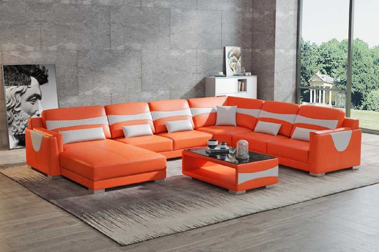 JVmoebel Ecksofa Luxus Wohnlandschaft Sofa U Form Groß Ecksofa Kunstleder Neu, 4 Teile, Made in Europe Orange/Weiß