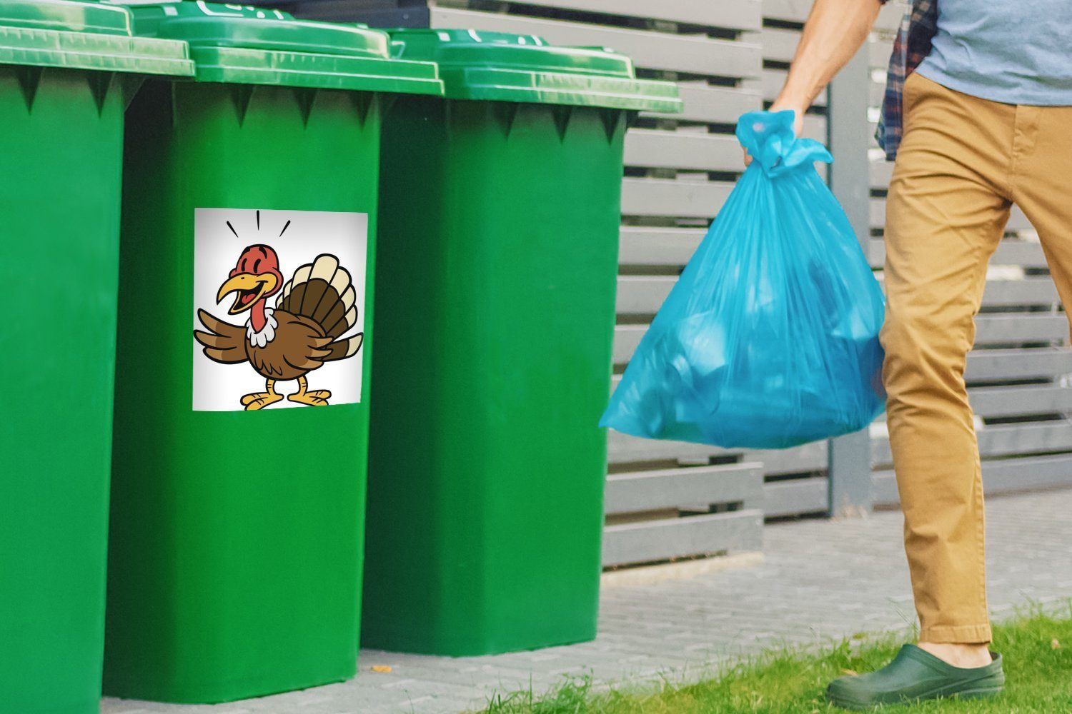 MuchoWow Wandsticker Cartoon-Illustration eines (1 Sticker, Mülleimer-aufkleber, Mülltonne, Abfalbehälter St), Truthahns Container