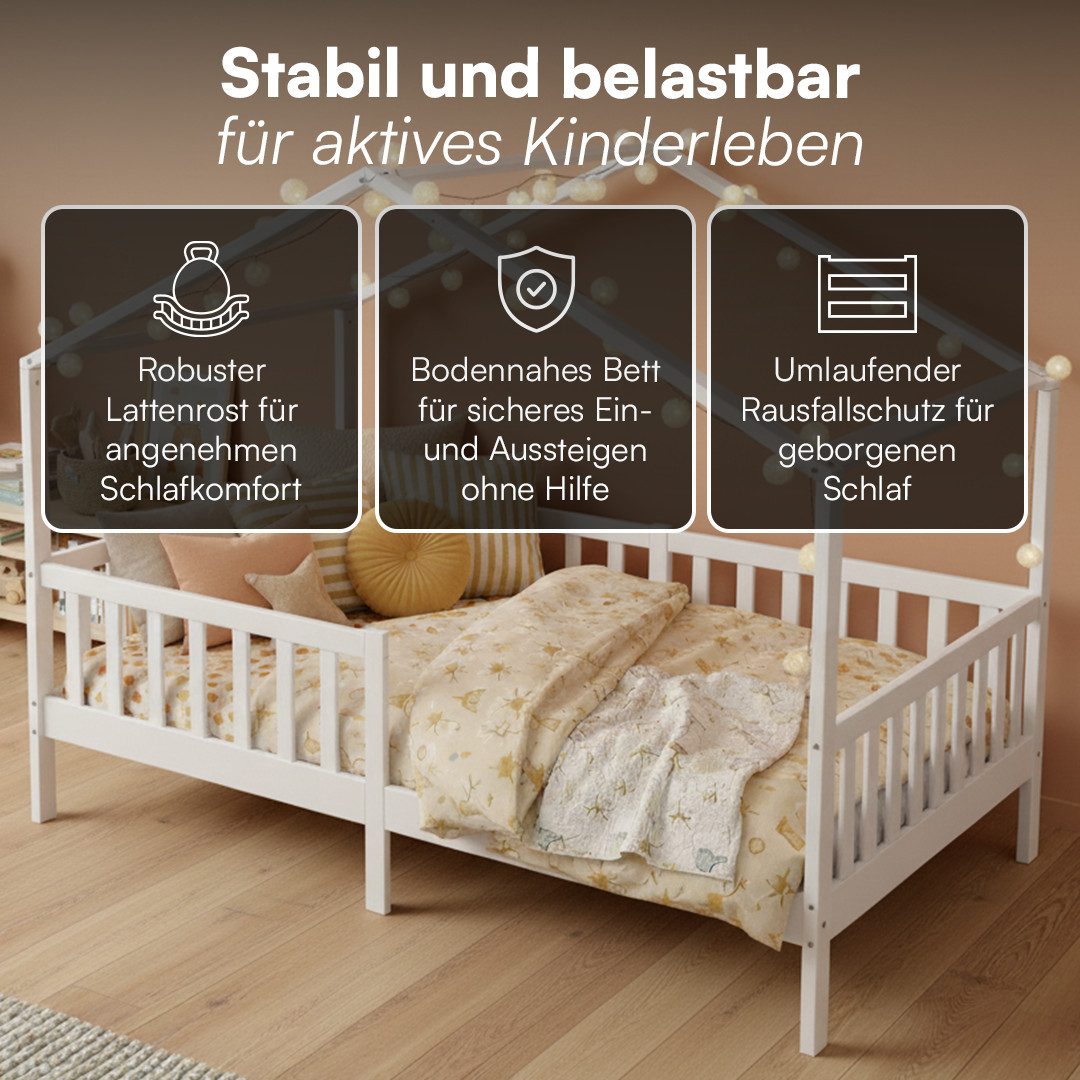 Bellabino Kinderbett Bia mit Rausfallschutz & Lattenrost (weiß, mit Matratze), Kinderbett aus Kiefernholz, verfügbar in 80x160/90/120/140x200 cm