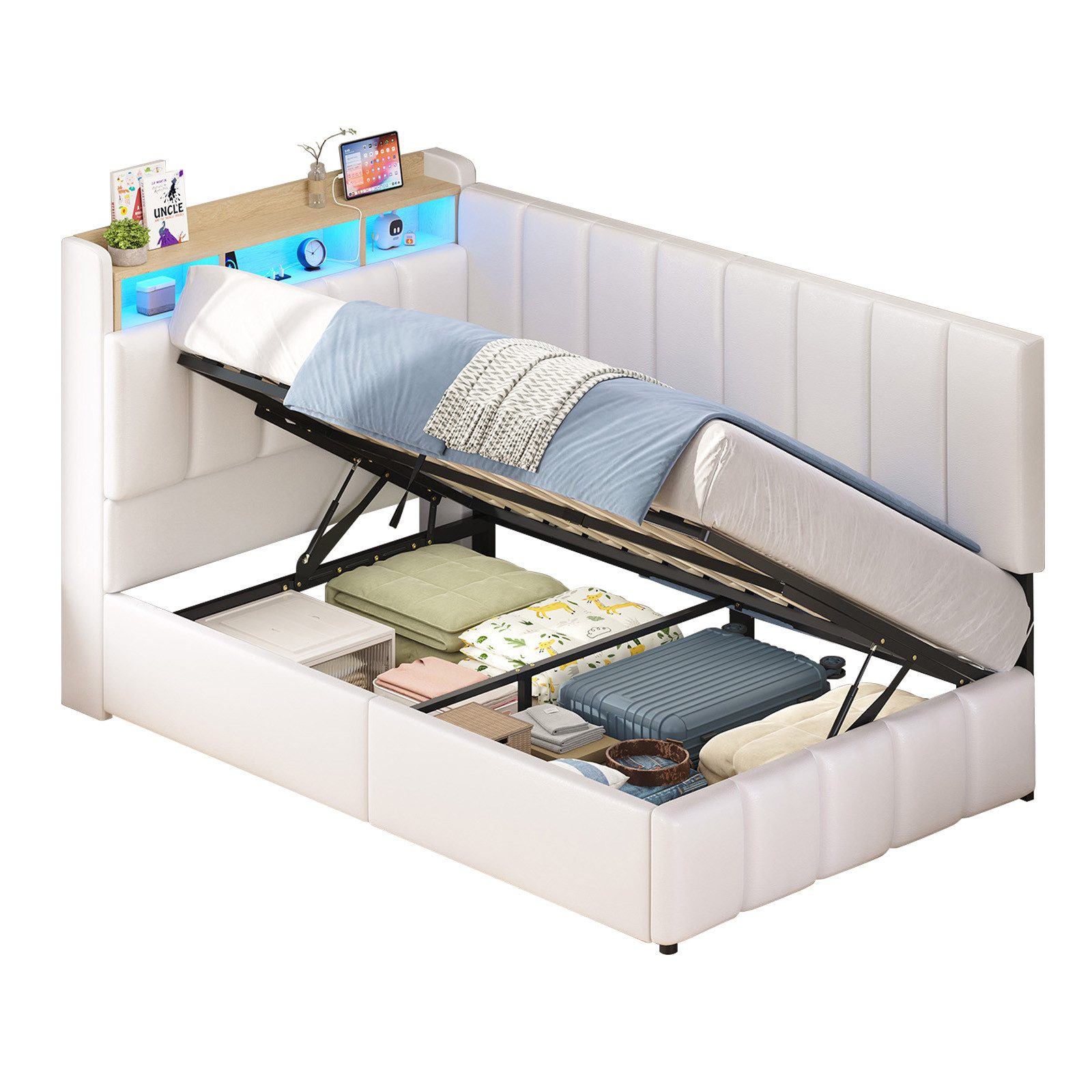 KIMENICH Jugendbett Polsterbett mit LED, Ladestation & Bettkas, Daybett, Schlafsofa (Ohne Matratze), Tagesbett für Schlaf- und Gästezimmer in 90 x 200 cm