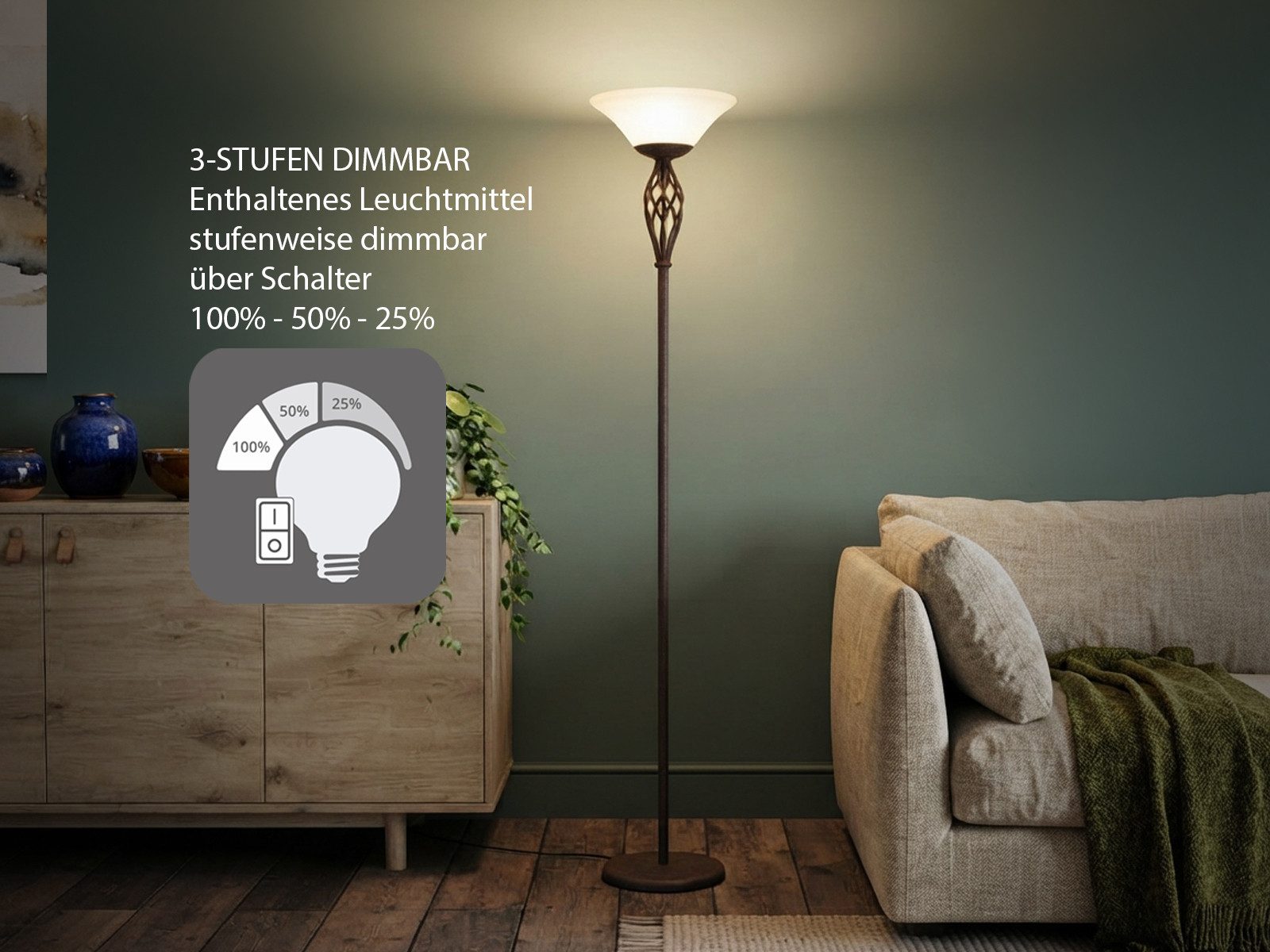 TRIO Leuchten LED Deckenfluter Rostoptik mit Glasschirm, Höhe 180cm, dimmbar, LED wechselbar, Warmweiß, große Stehlampe Landhausstil, Wohnzimmer Lampe stehend i – Bild 4 von 5