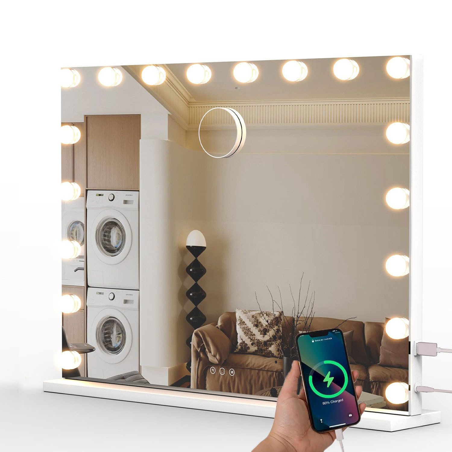 oyajia Schminkspiegel Bluetooth Hollywood Spiegel, Schminkspiegel mit Beleuchtung und USB (3-farbig einstellbares Licht mit Memory-Funktion, 1-St., Mit Musiklautsprecher, Touchscreen), Schminkspiegel mit 15/18 LED-Leuchten, stufenlos dimmbar