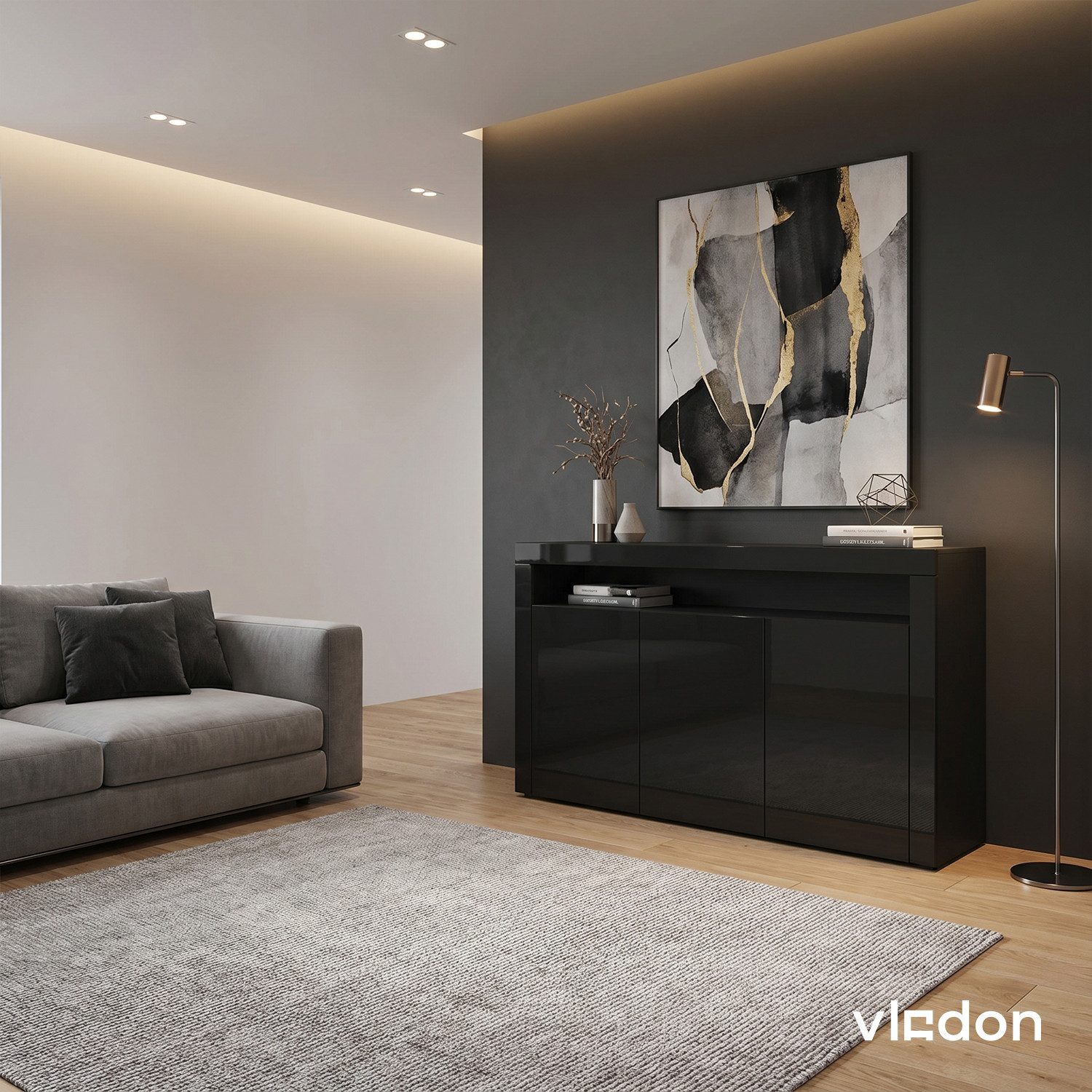 Vladon Sideboard Valencia (Sideboard, mit 3 Türen und 1 offenem Fach), Schwarz matt/Schwarz Hochglanz/Schwarz Hochglanz (155 x 92 x 40 cm)