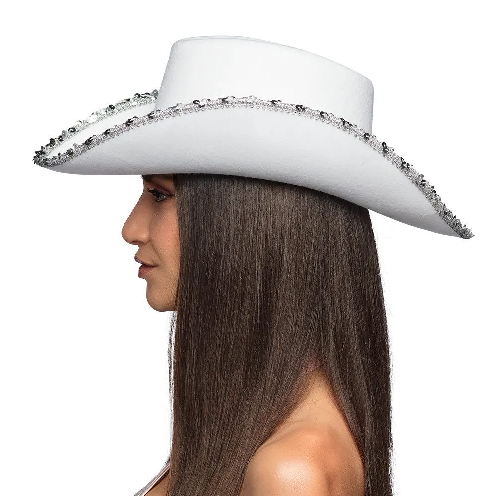 Boland Kostüm Bride Hut weiß stylischer Cowboyhut mit Glitzer 59 cm JGA Hochzeit, BRIDE funkelnd - Accessoire für Junggesellinnenabschied