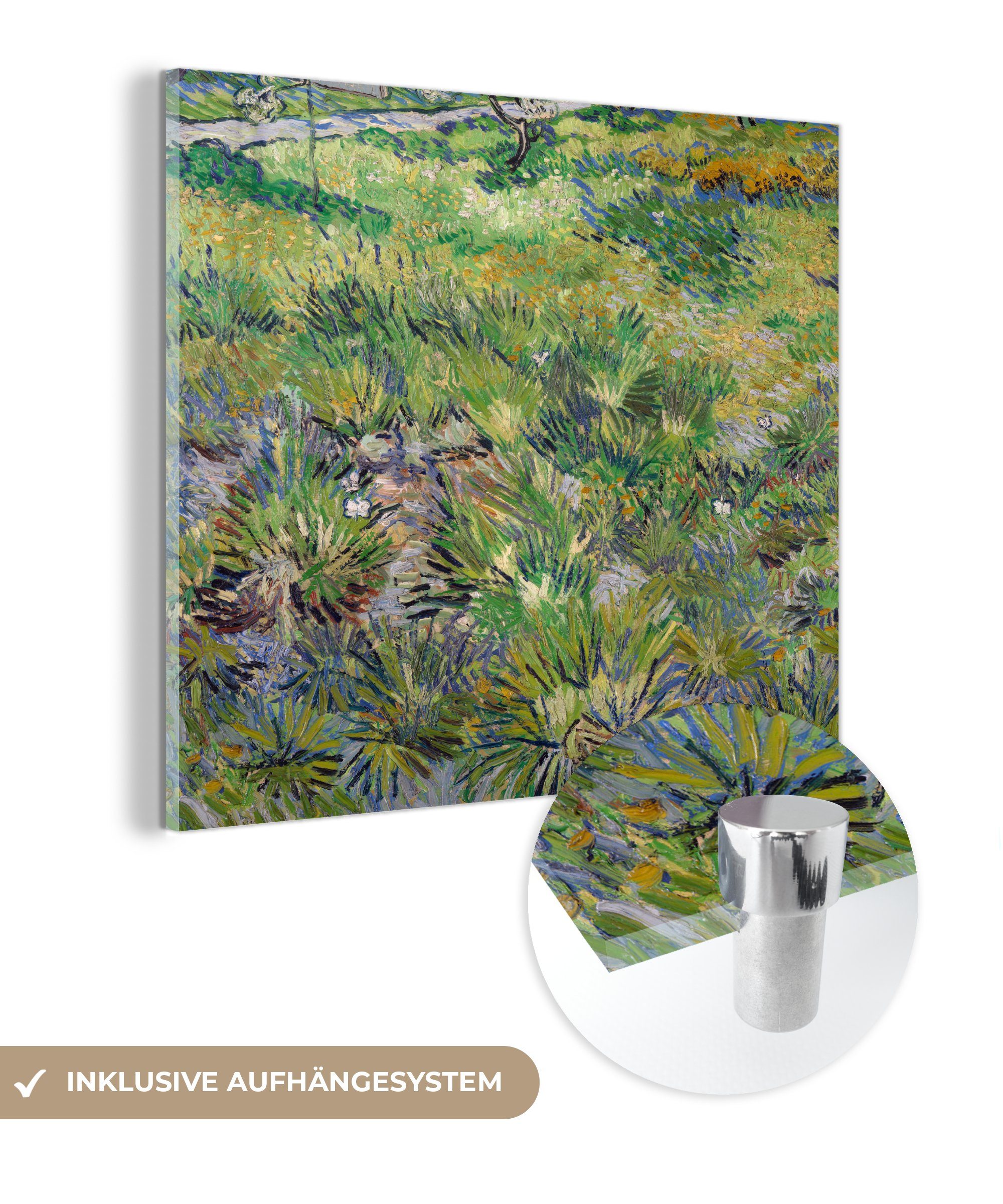MuchoWow Acrylglasbild Langes Gras mit Schmetterlingen - Gemälde von Vincent van Gogh, (1 St), Glasbilder - Bilder auf Glas Wandbild - Foto auf Glas - Wanddekoration