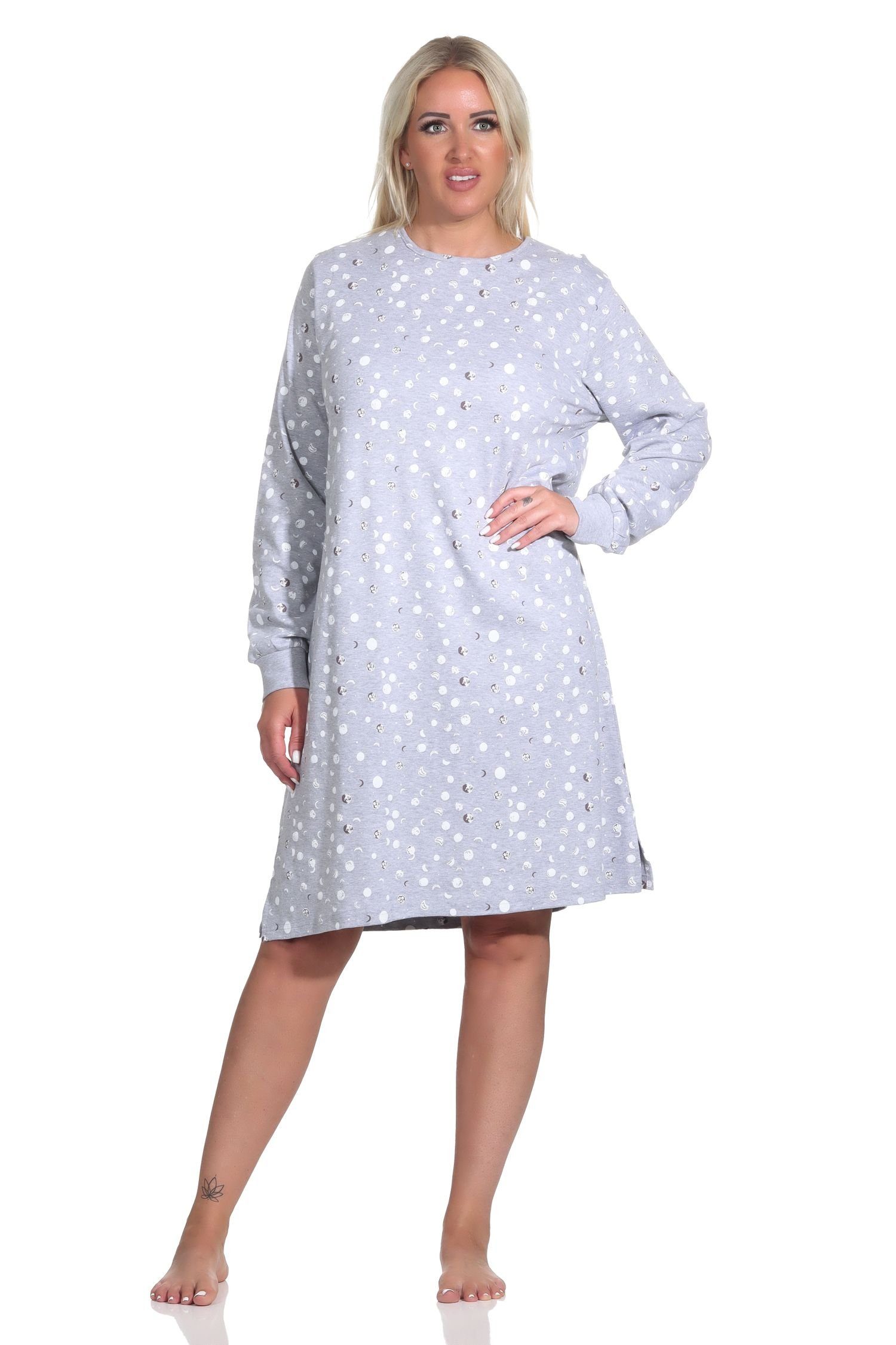 Normann Nachthemd Damen langarm Nachthemd mit Bündchen in Kuschel Interlock Qualität grau-melange