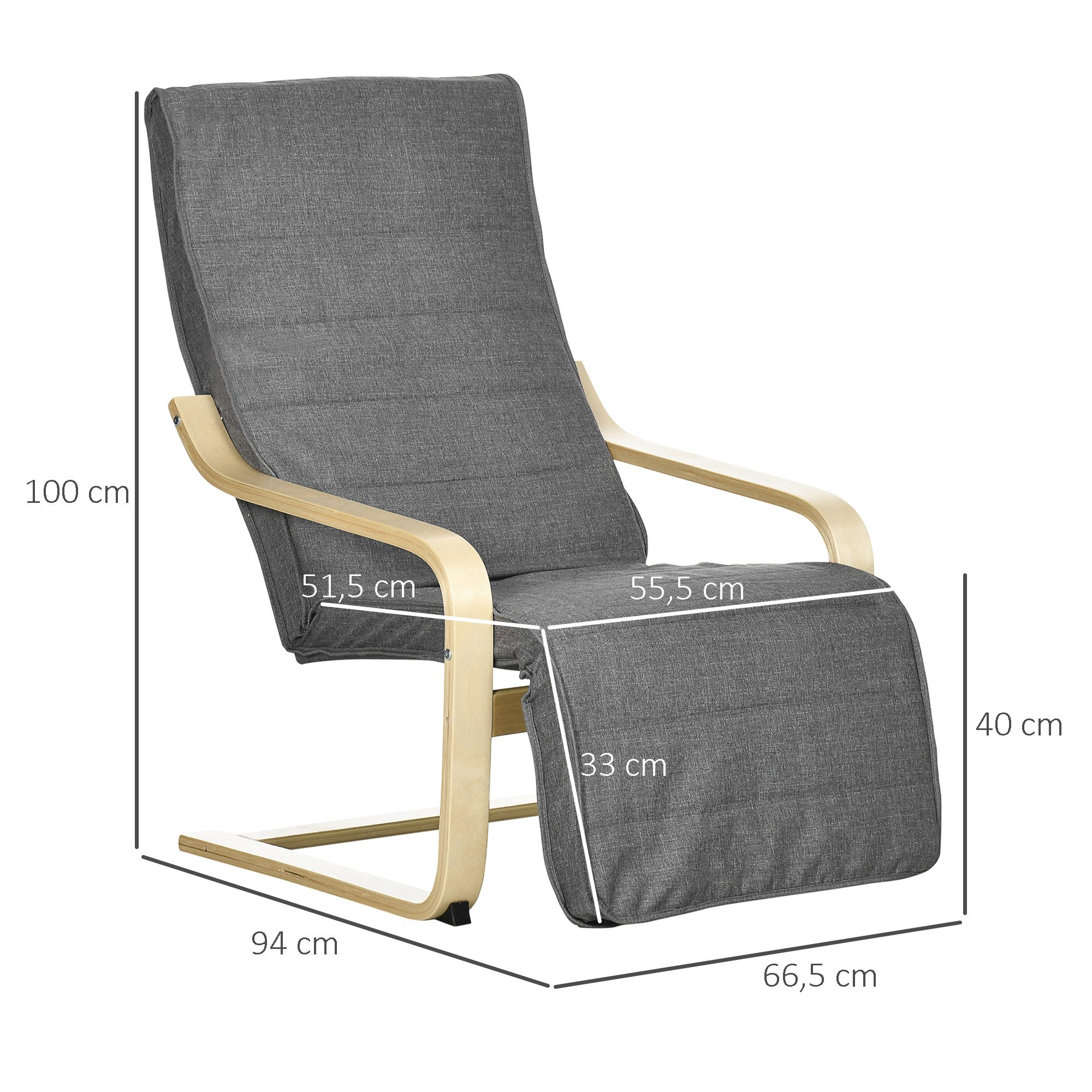 HOMCOM Relaxsessel Sessel Loungesessel mit Armlehnen, 5-fach verstellbare Fußteil (Esszimmerstuhl, 1-St., Schwingstuhl), für Wohnzimmer, Birkenholz, Grau 66,5 x 94 x 100cm