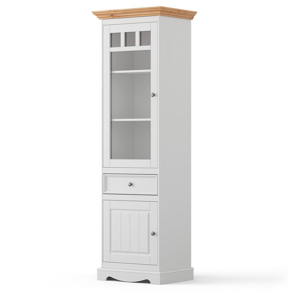 Feldmann-Wohnen Vitrine Belluno Elegante (mit Schublade, mit Türen, mit Glaseinsatz, 1-St., moderne Optik, mit Schublade, mit Türen, mit Glaseinsatz) 59,5x44x190cm Massivholz Kiefer weiß lackiert / Kiefer Natur gebeizt
