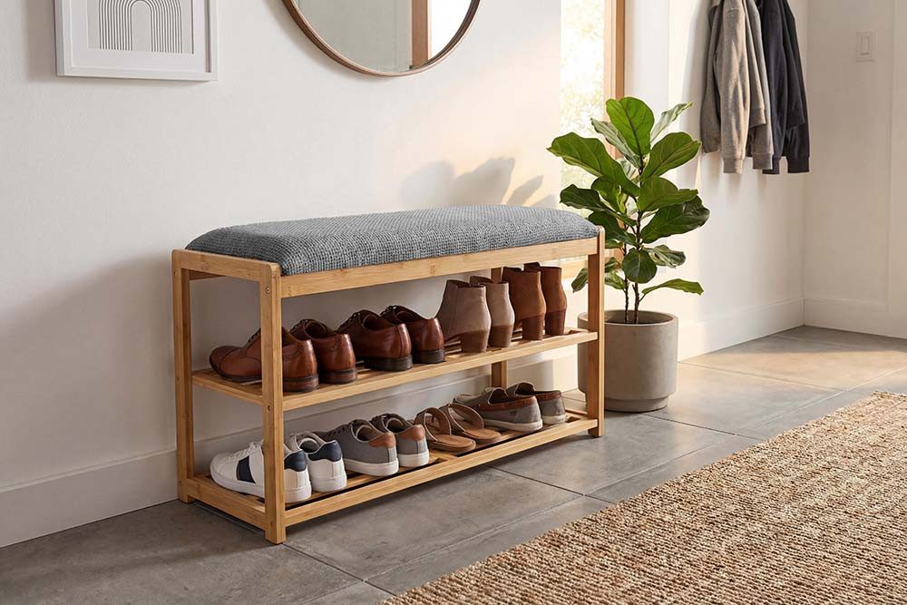 riess-ambiente Schuhbank ZEN-BO 80cm natur/grau - Bambus, FSC, Regal, Sitzbank, viel Stauraum (Einzelartikel, 1-St), Gepolsterte Garderobenbank aus Massivholz - ideal für Eingangsbereich