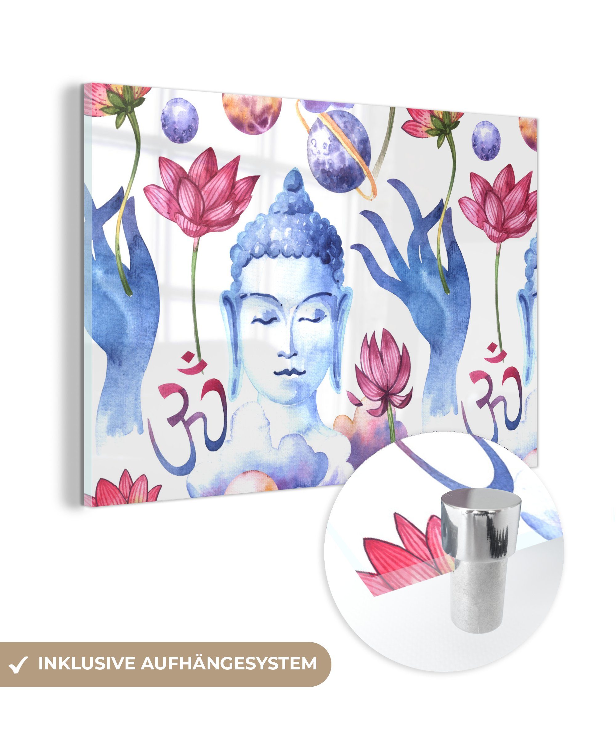 MuchoWow Acrylglasbild Buddha - Muster - Blumen, (1 St), Acrylglasbilder Wohnzimmer & Schlafzimmer