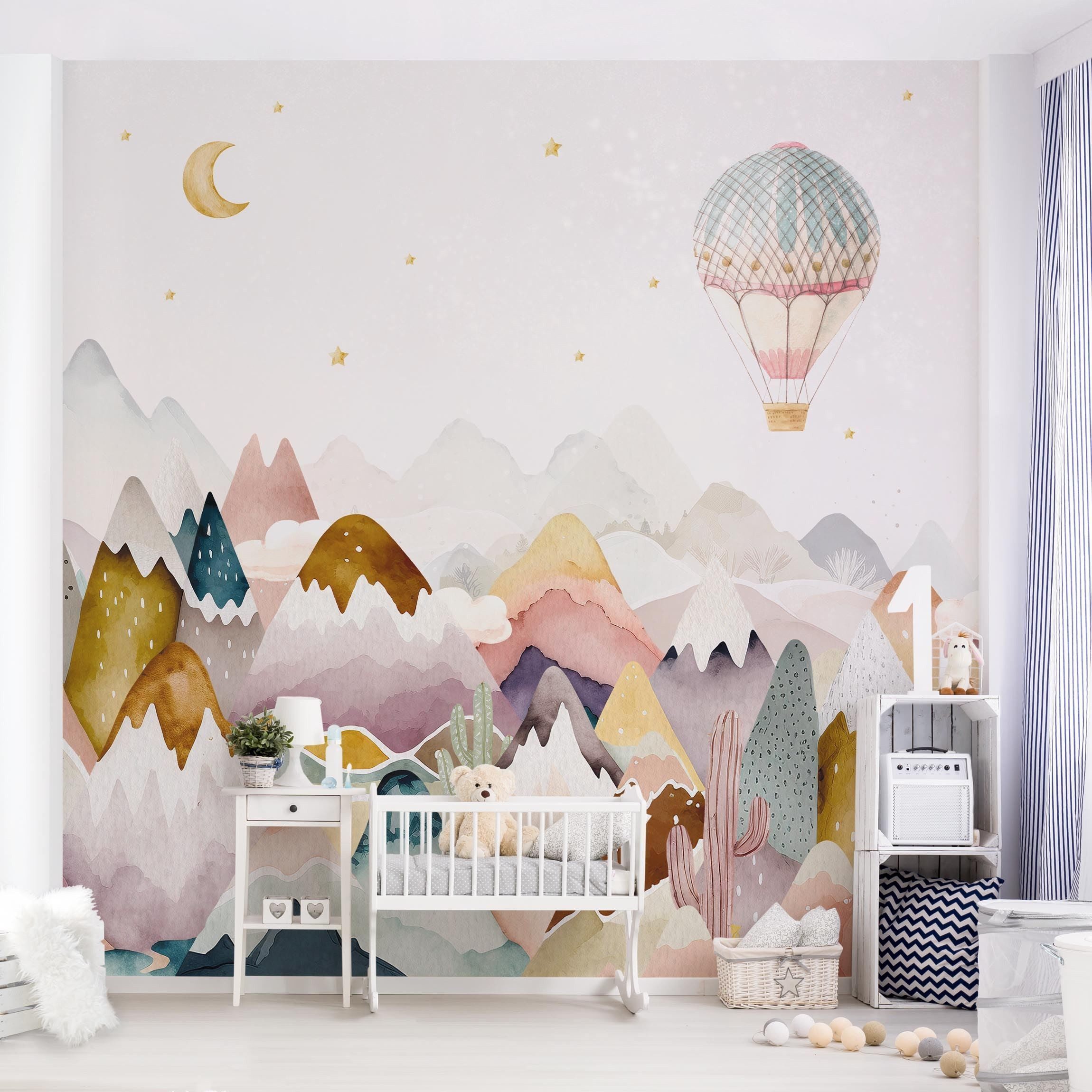 Bilderdepot24 Kindertapete Boho Berglandschaft Aquarell Illustration Natur bunt modern, Glatt, Matt, (Vliestapete inkl. Kleister oder selbstklebend), Mädchenzimmer Jungenzimmer Babyzimmer Bildtapete Fototapete Wandtapete