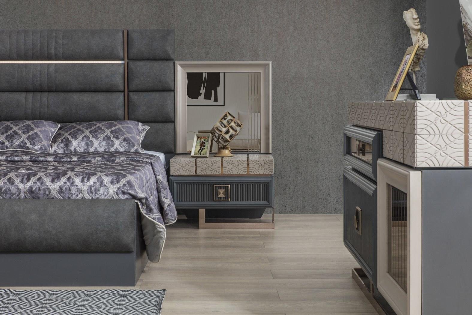 Doppelbett Grau Neu, Moderne Schlafzimmer JVmoebel Luxus (4-St) Schlafzimmer-Set Bett Set Garnitur 4tlg