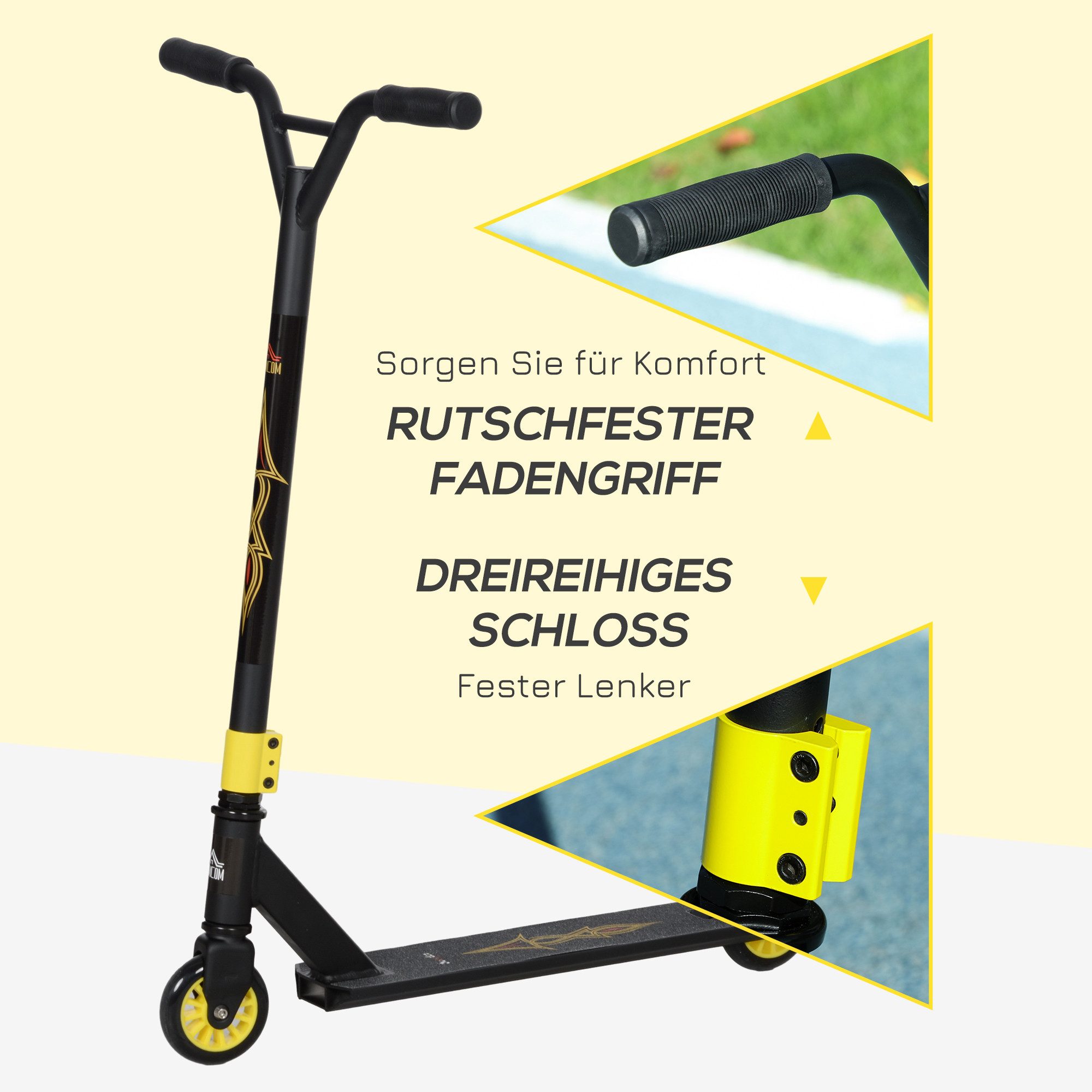 HOMCOM Stuntscooter mit ABEC 9 Kugellagern, 100 mm Kunstleder Räder, 0 km/h, (Roller, 1 tlg., Stuntroller), Alu, Gold 68 x 47,2 x 86 cm