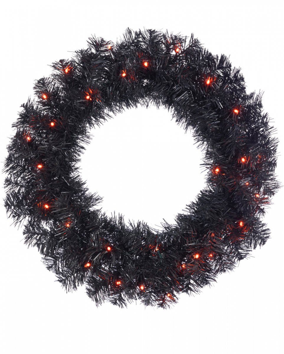 Hängedekoration Schwarzer Halloween Kranz mit orangen LED Lichtern