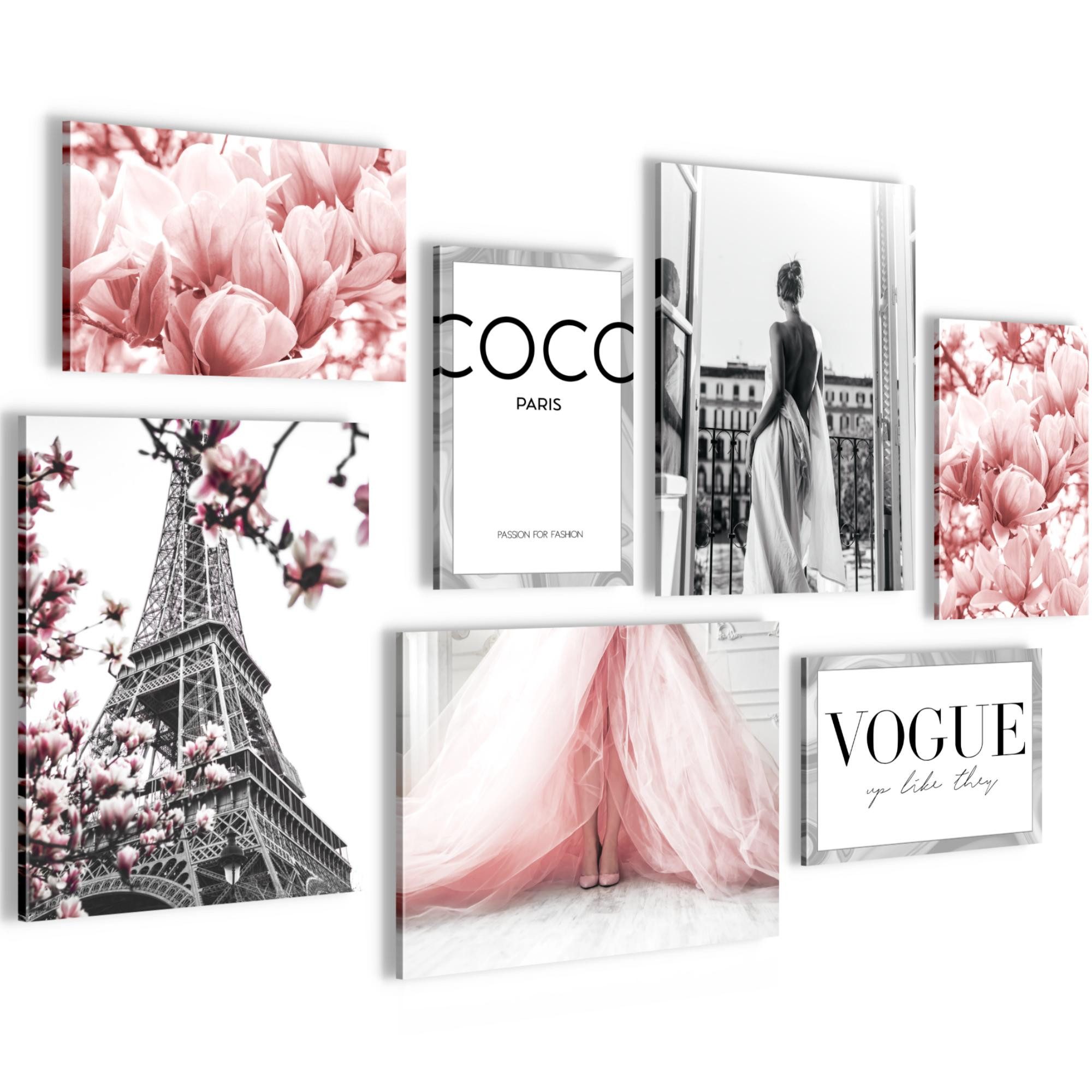 Novart Wandbild Fashion AUFHÄNGFERTIG Mädchen Teenager Paris, Blumen (7 St)