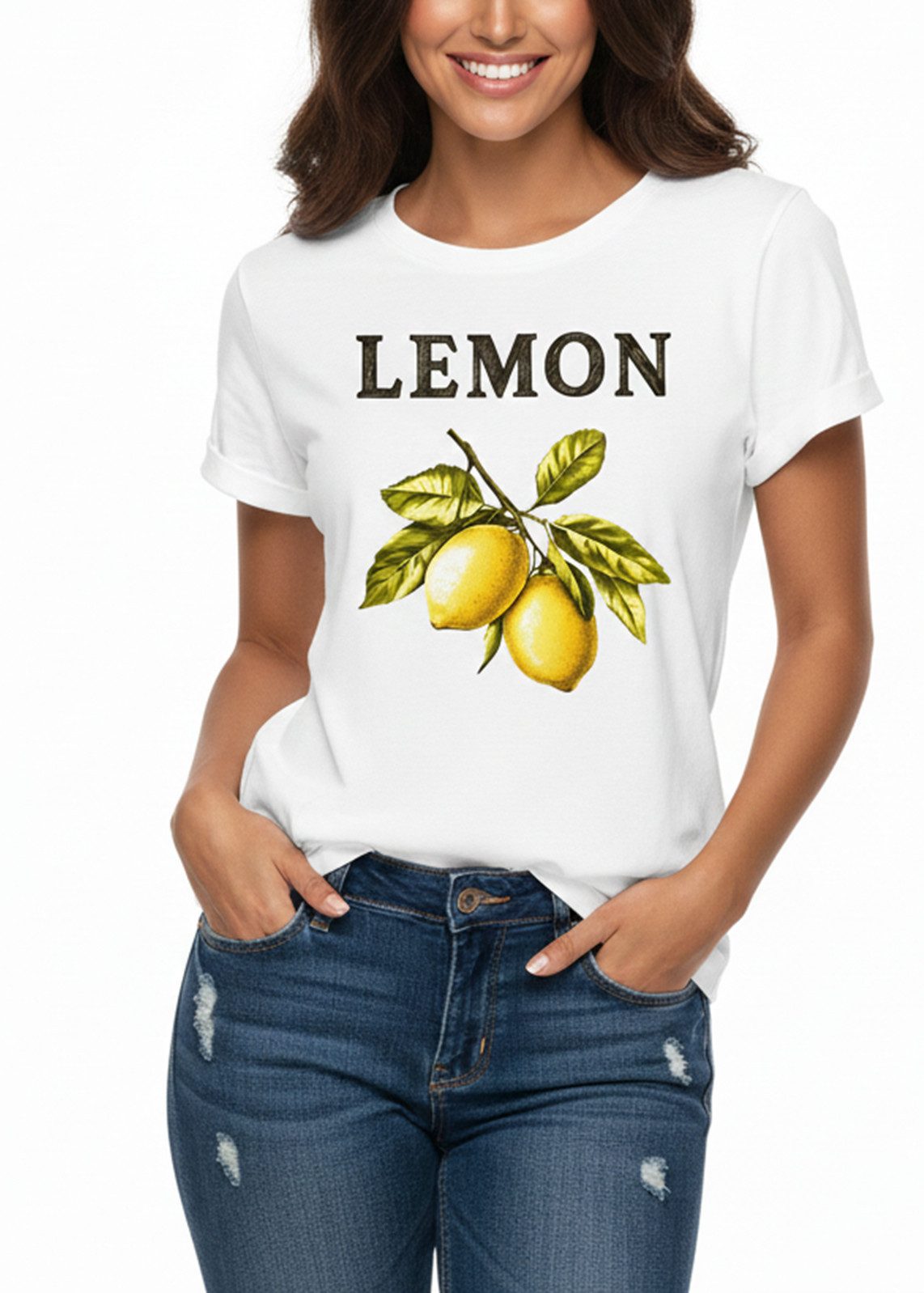 MAKAYA Print-Shirt Damen Zitrone Lemon Motiv Zitronengelb Modisch Elegant Basic Top (Weiß, S, M, L, XL) mit Audruck