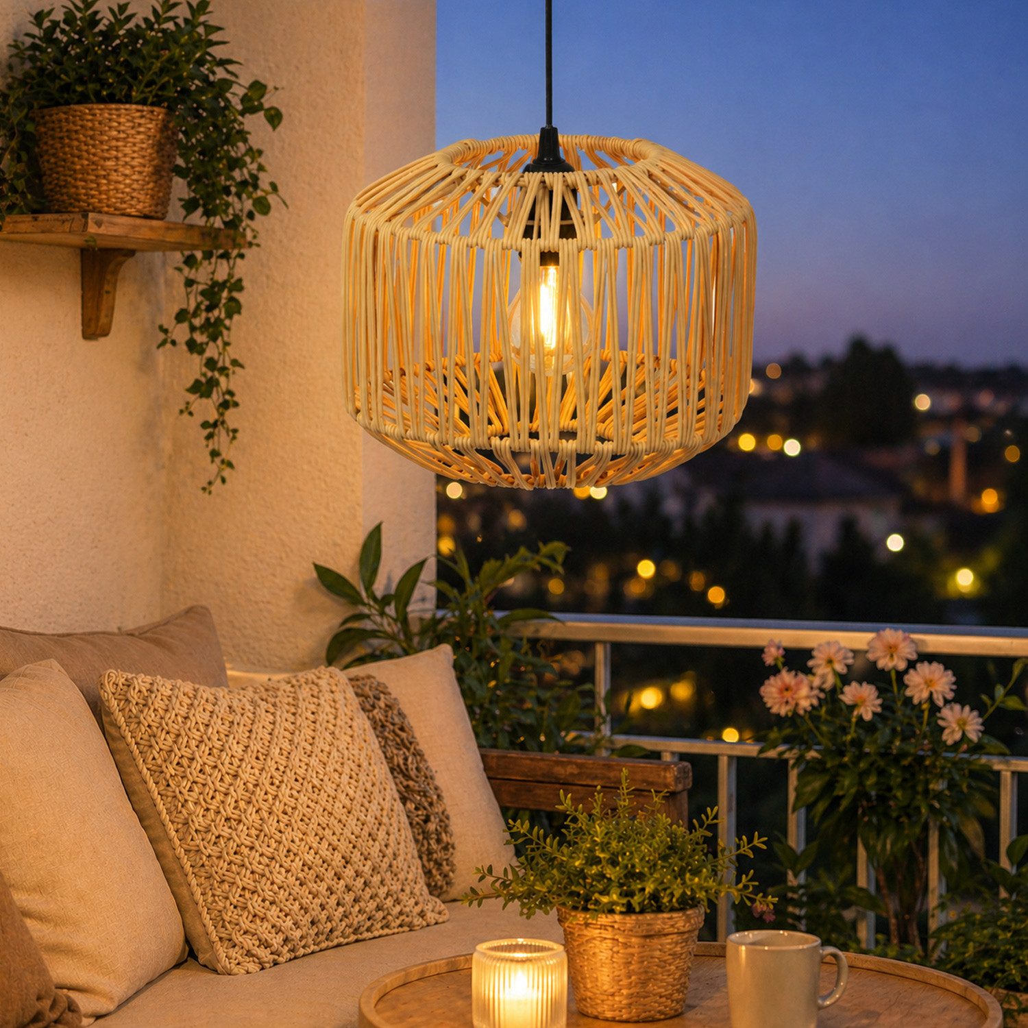 MARELIDA Hängeleuchte LED Lampenschirm aus Kunststoffseil für Terrasse Balkon 24,5cm Timer, LED Classic, warmweiß (2100K bis 3000K)