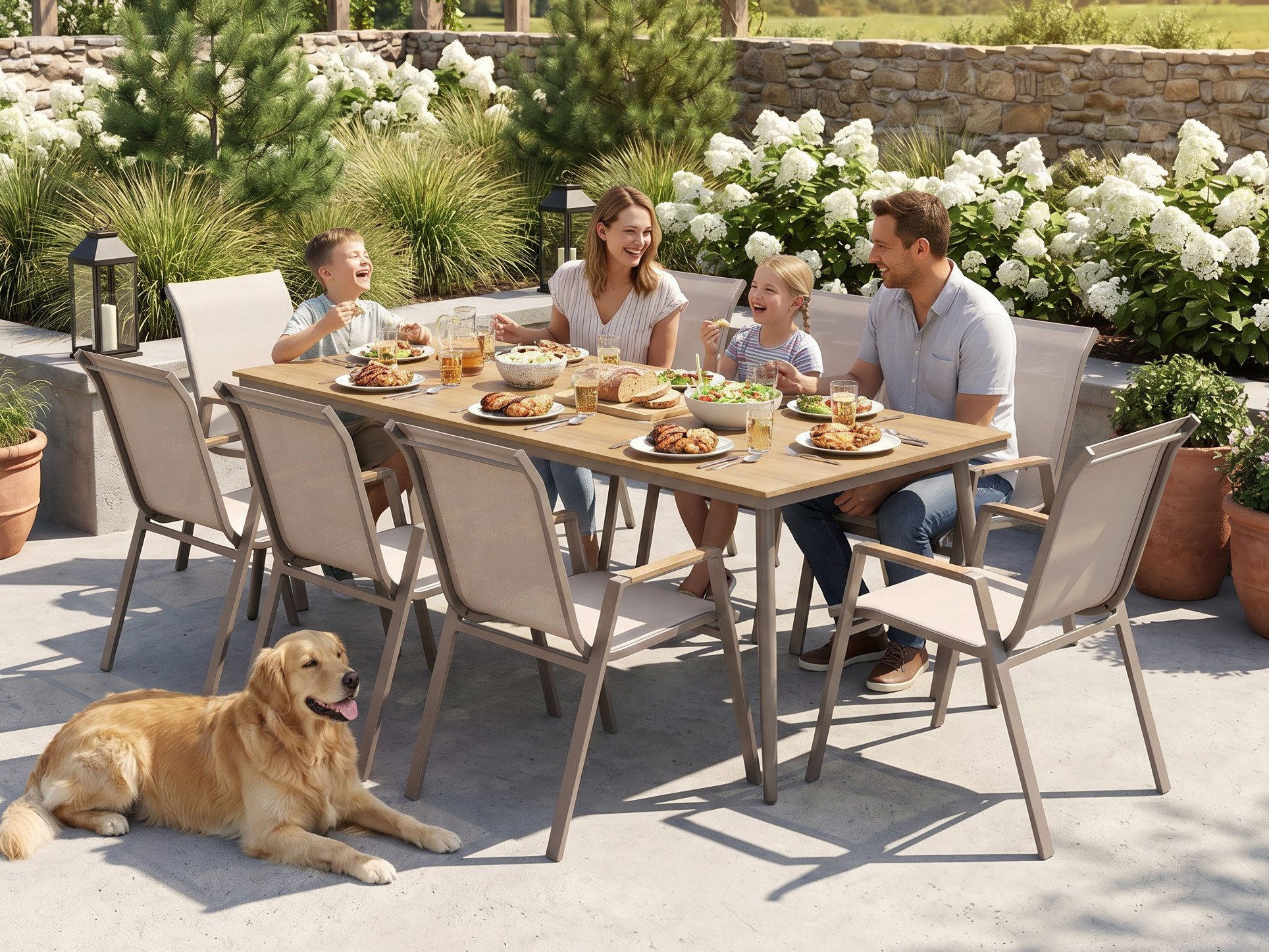 Beautysofa Garten-Essgruppe VALENCIA, (Polywood-Tischplatte, Textilene-Sitzflächen, 9-teilig, 8 stapelbare Stühle + großer Esstisch 200 × 90 cm), verzinktes pulverbeschichtetes Stahlgestell, wetterfest