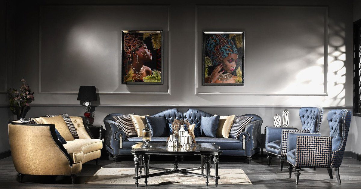 Casa Padrino Couchtisch Luxus Barock Set Blau / Gold / Schwarz - 2 Sofas & 2 Sessel & 1 Couchtisch & 2 Beistelltische - Barock Möbel - Edel & Prunkvoll