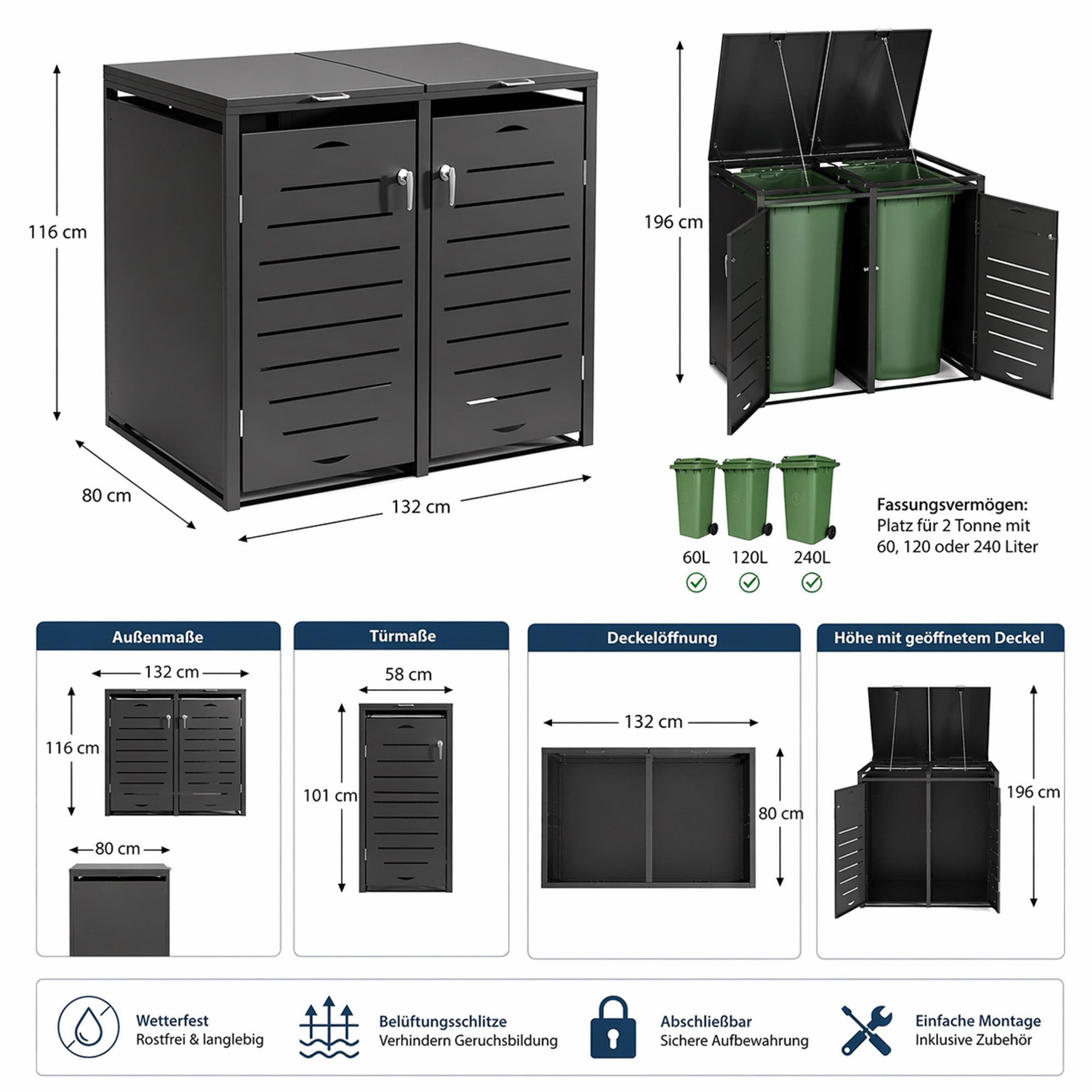 Mucola Mülltonnenbox Mülltonnenverkleidung 240L erweiterbar mit Klappdeckel Mülltonnenhaus (Stück), Erweiterbares Modulsystem für 240L Mülltonnen