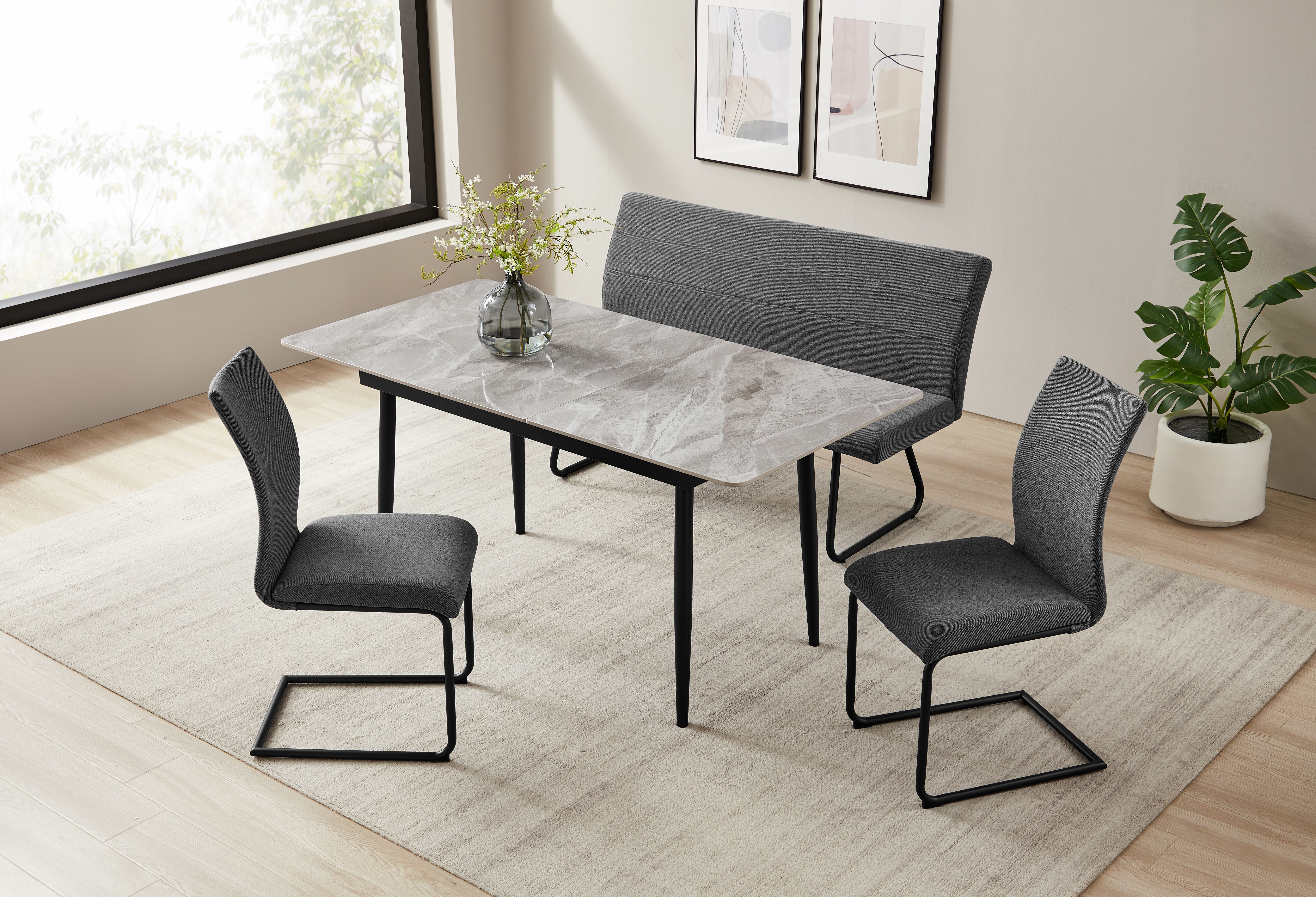 OTTO home Essgruppe Stevian, (Set, 4-tlg., Ausziehbarer Esstisch + Bank + 2 günstig online kaufen