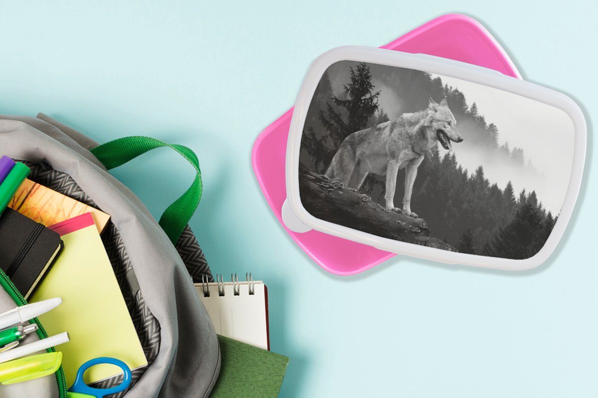 MuchoWow Lunchbox Wolf - Schwarz - (2-tlg), Mädchen, Erwachsene, Weiß, für Brotdose - Kinder, Kunststoff, rosa Wald Kunststoff Snackbox, Brotbox