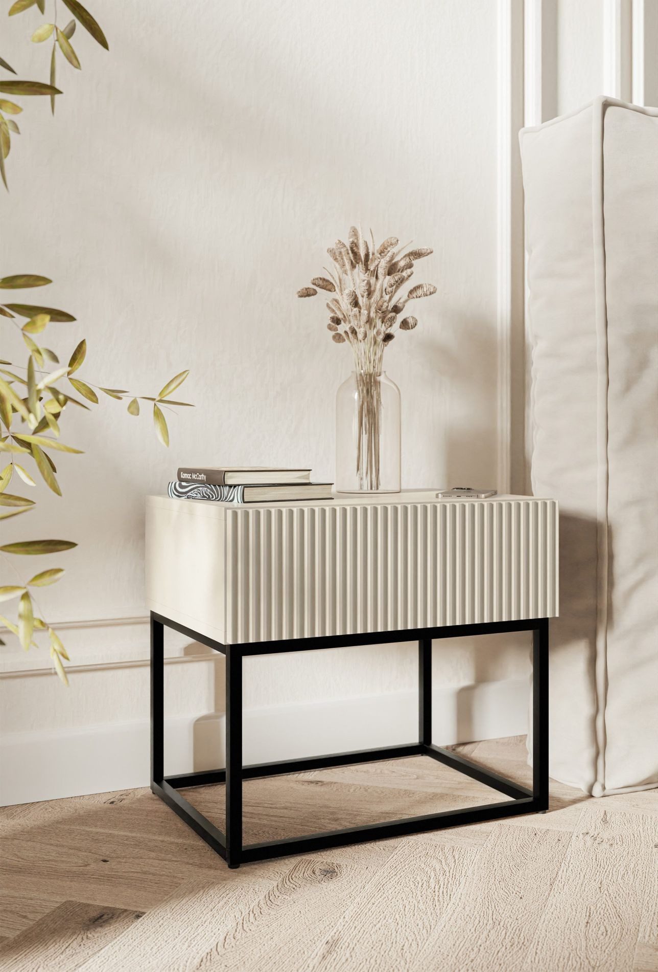 Selsey Nachttisch VELDIO, mit Schublade, gefräster Front und Metallbeinen, 50 cm
